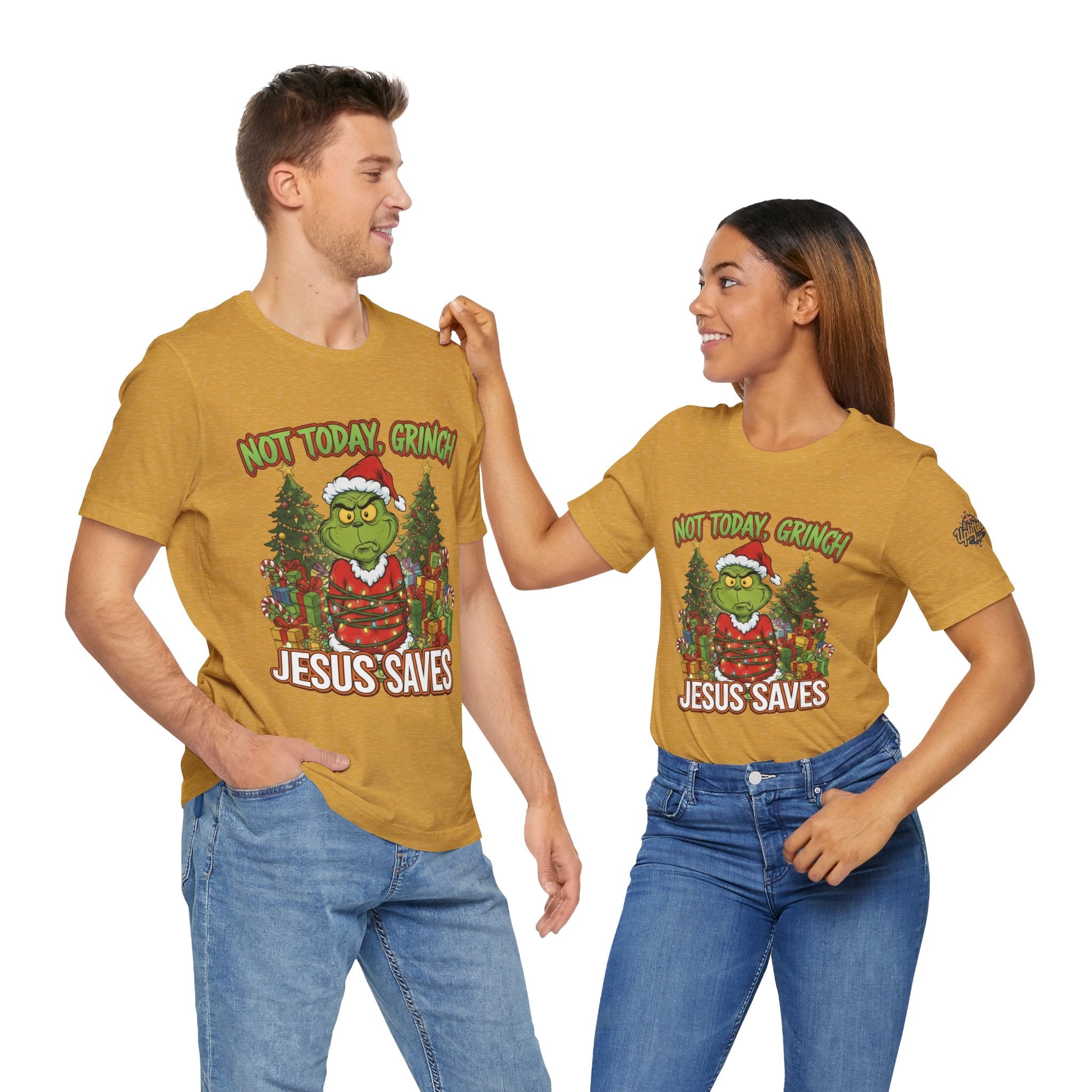 🎄 Not Today, Grinch – Jesus Saves | Funny Christian Christmas T-Shirt | Sulking Grinch & Glowing Cross | Bold Neon Faith Tee by Uplifted Gear Printify