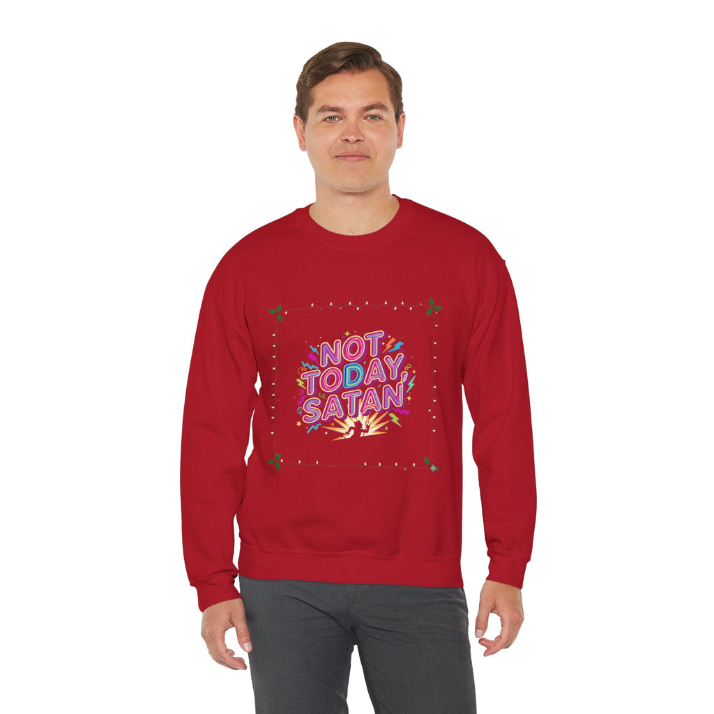 🔥 Not Today, Satan – Retro 90s Christian Sweatshirt | Neon Faith Tee | Funky Cartoon Devil | Bold Bible Verse Shirt | Uplifted Gear Printify