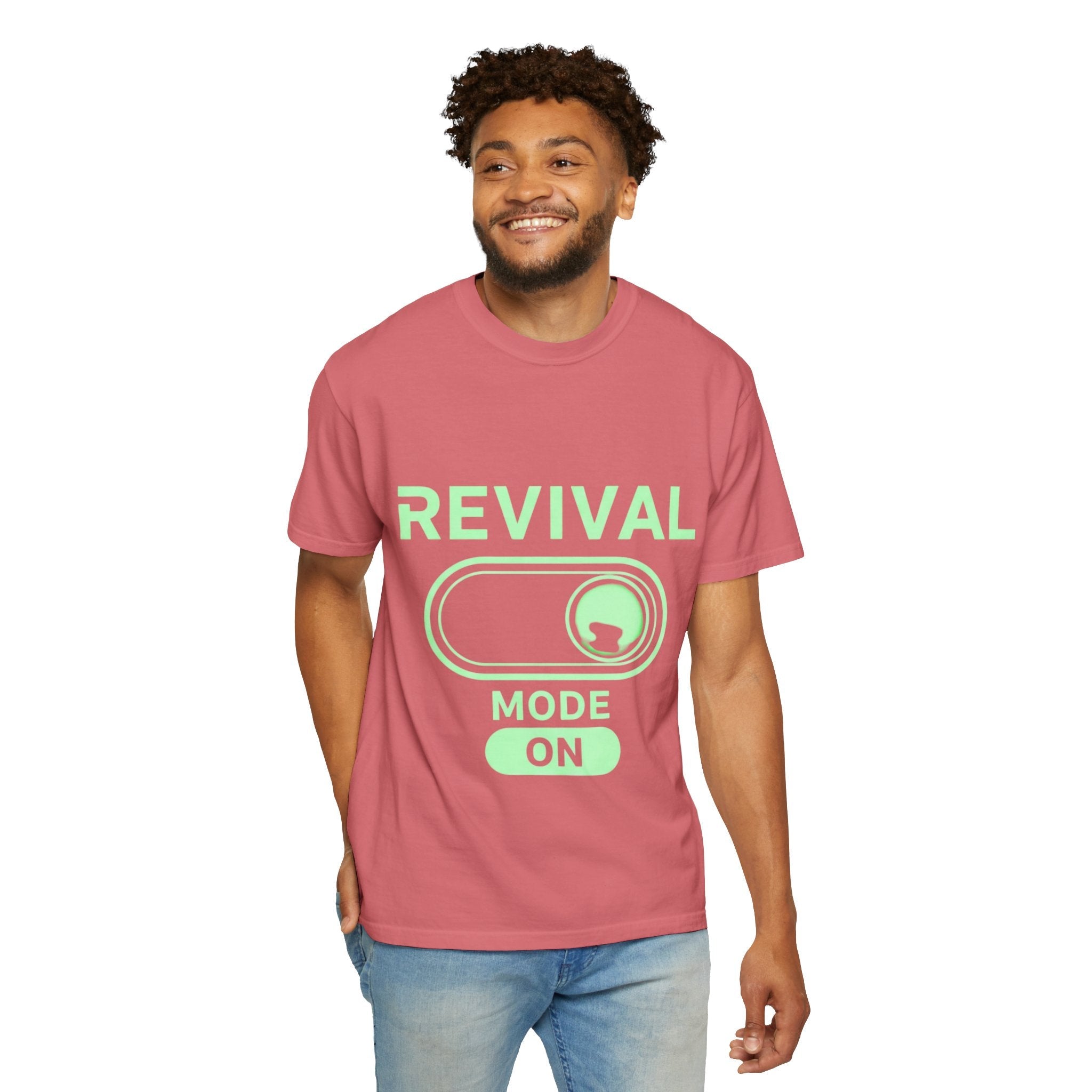 🔥 Revival Mode: ON – Christian Techwear T-Shirt | Glowing Green Faith Switch | Futuristic Jesus Shirt | Activate Your Spiritual Awakening | Uplifted Gear Printify