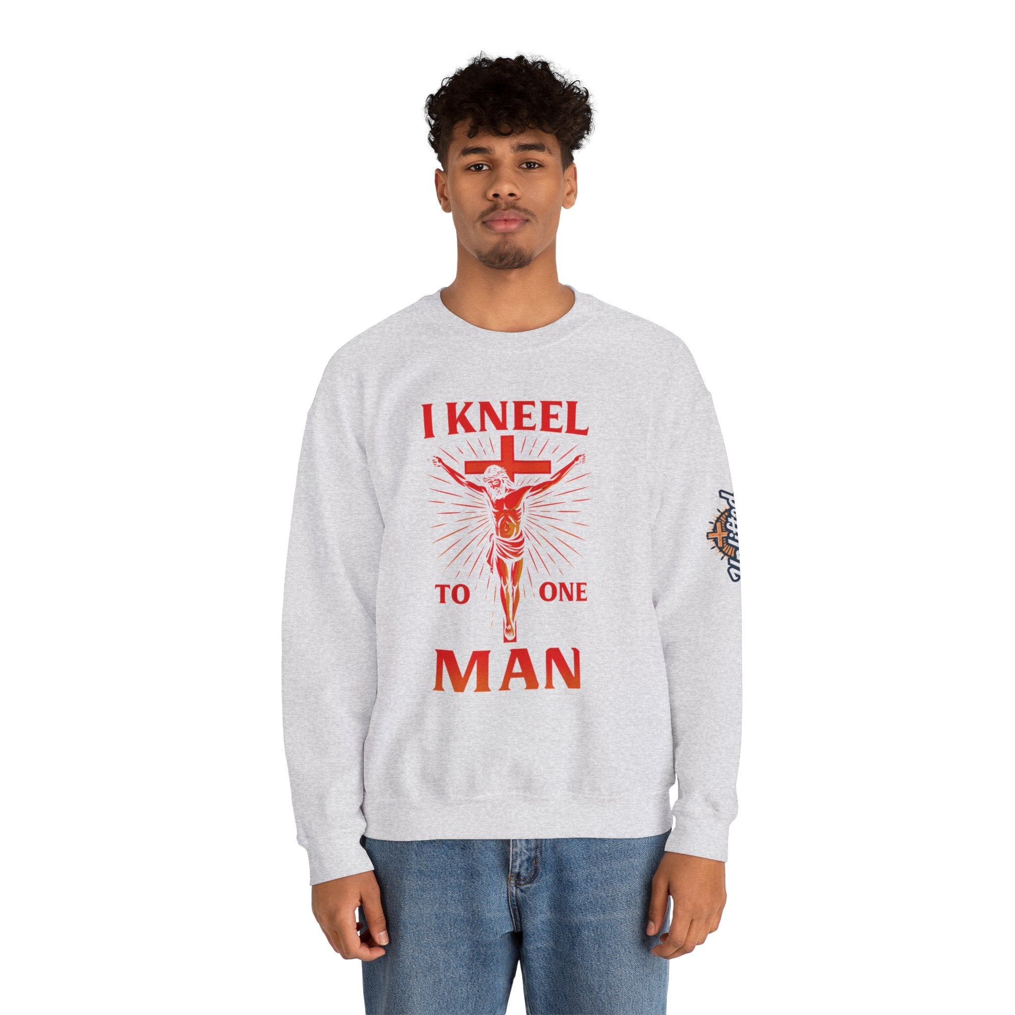 I Kneel to One Man Sweatshirt – Crucifixion Christian Sweatshirt for Unashamed Devotion & Bold Faith Printify