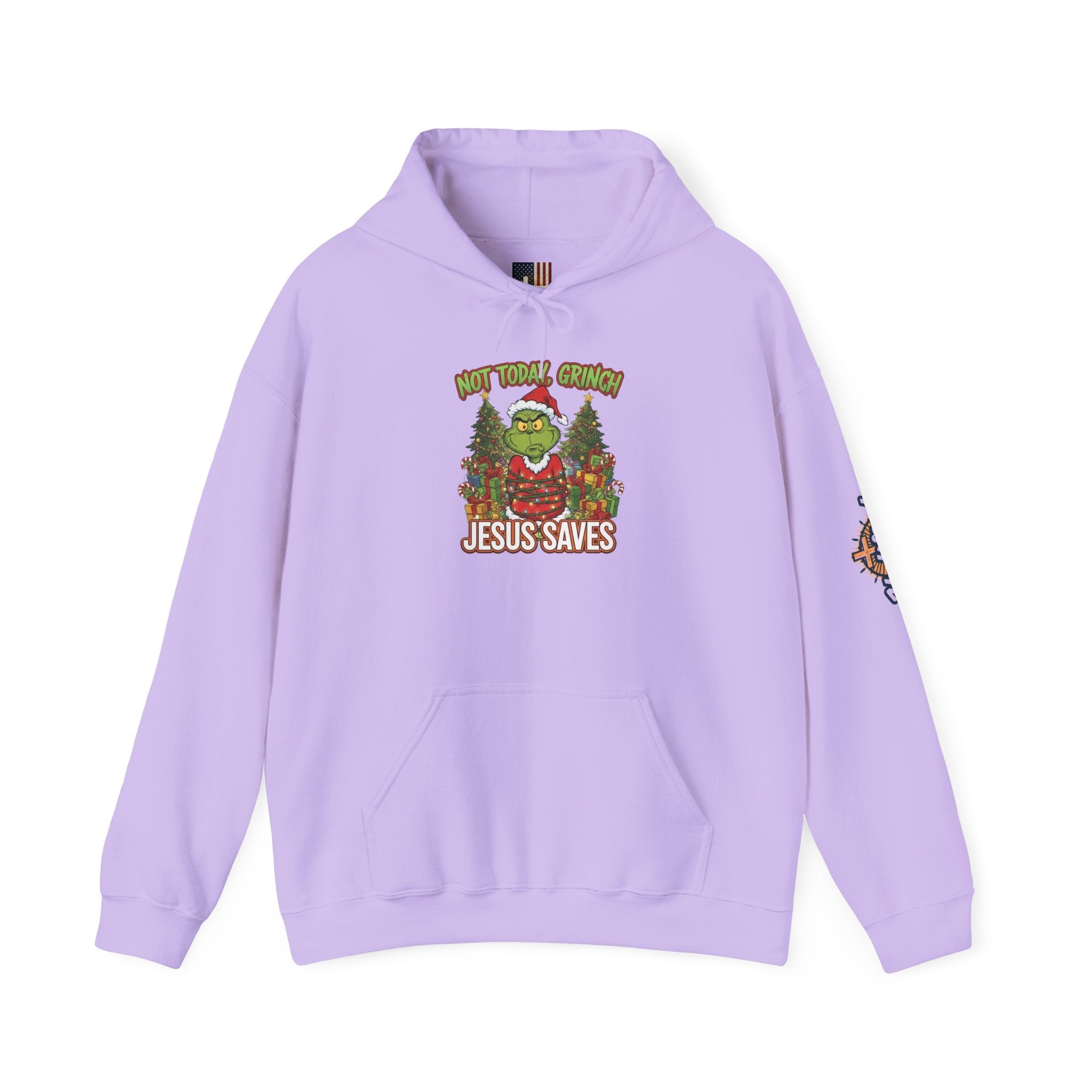 🎄 Not Today, Grinch – Jesus Saves | Funny Christian Christmas Hoodie | Sulking Grinch & Glowing Cross | Bold Neon Faith Tee by Uplifted Gear Printify