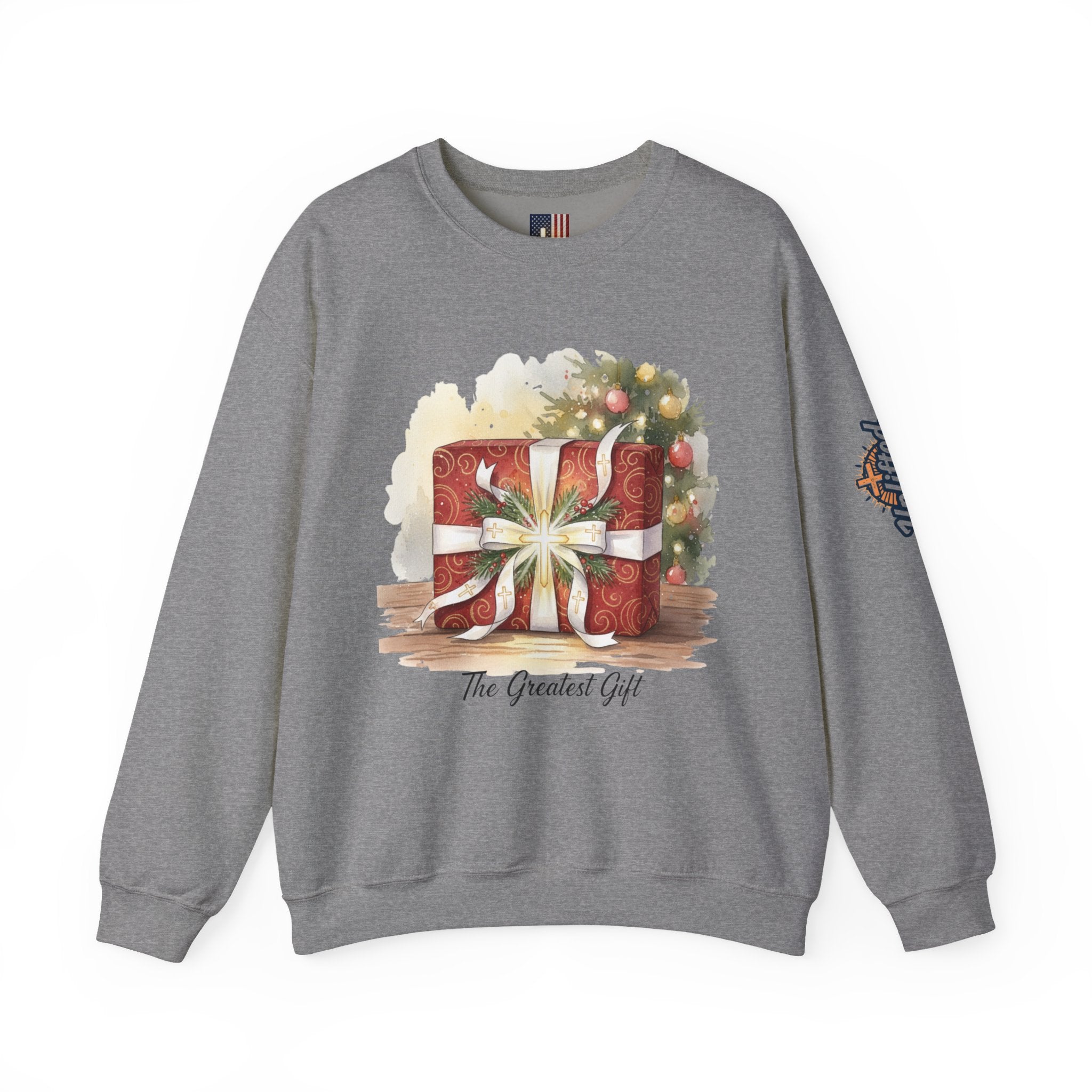 The Greatest Gift Sweatshirt – Cross Bow Present Christian Sweatshirt for Christmas Salvation & Eternal Faith Printify