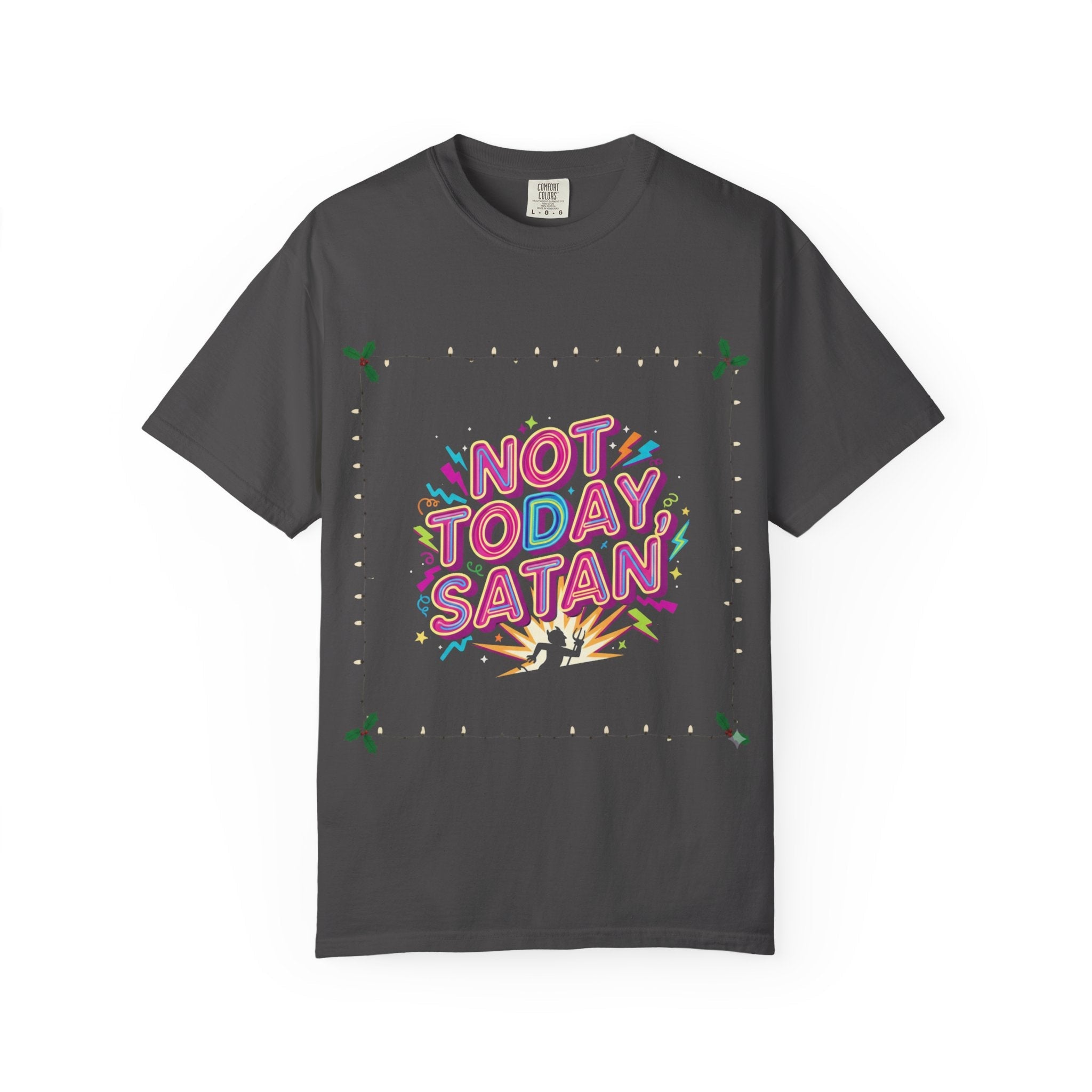 🔥 Not Today, Satan – Retro 90s Christian T-Shirt | Neon Faith Tee | Funky Cartoon Devil | Bold Bible Verse Shirt | Uplifted Gear Printify