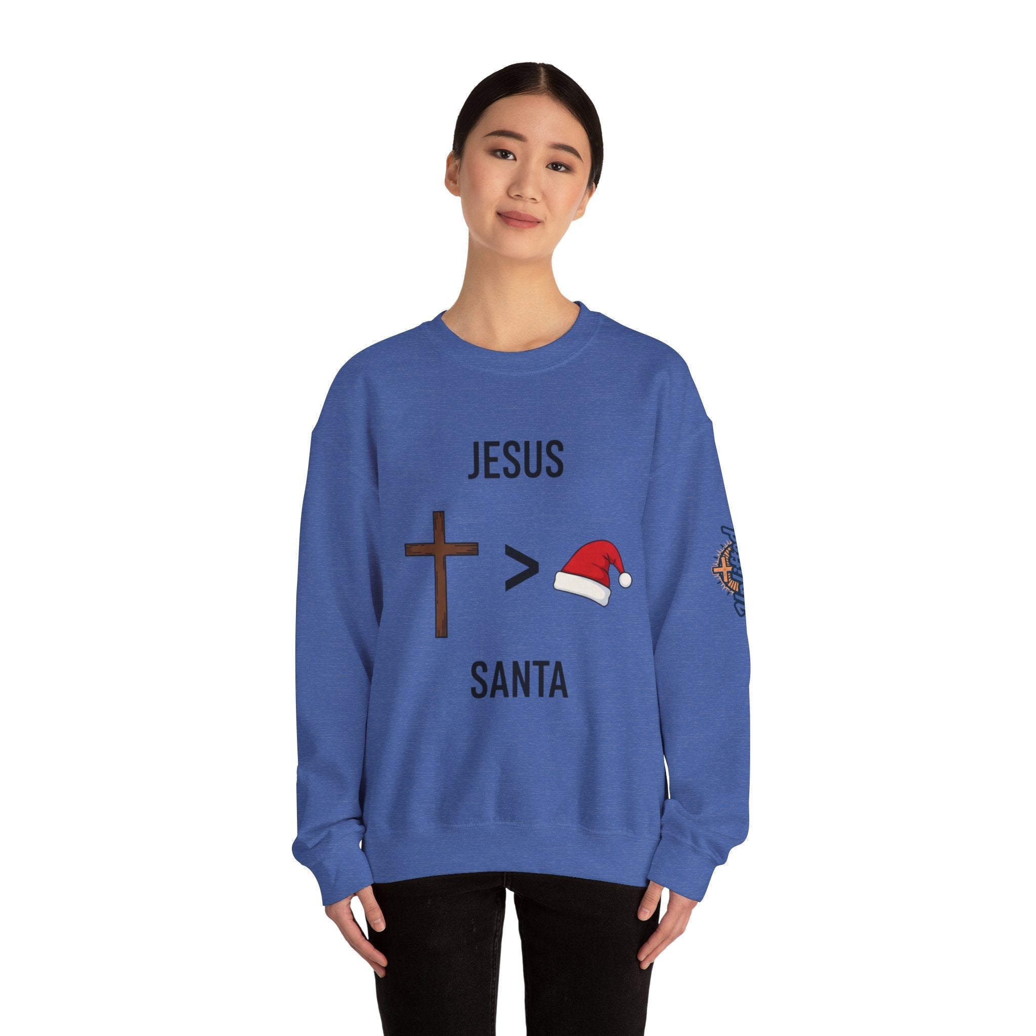 🎄 Jesus > Santa – Minimalist Christian Christmas Sweatshirt | Bold Faith Over Holiday Tee | Cross vs Santa Hat Design | Uplifted Gear Printify