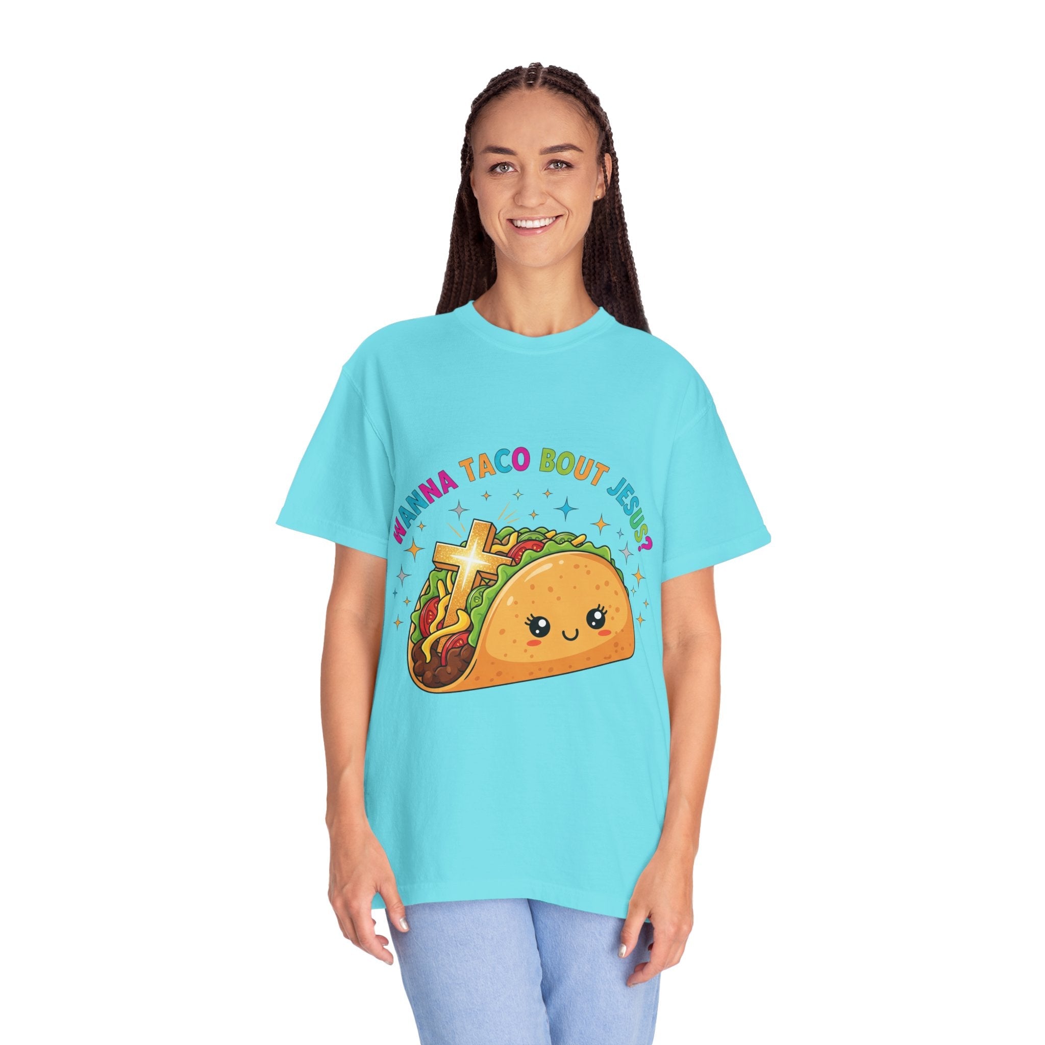 Wanna Taco 'Bout Jesus? Funny Christian Pun T-Shirt – Lettuce Pray & Share Faith! Printify