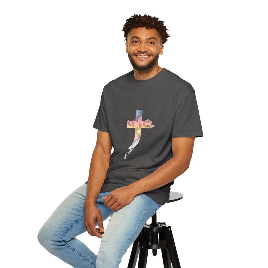 Walk by Faith T-Shirt – Cross & Footprints Christian Tee for Bold Believers Printify