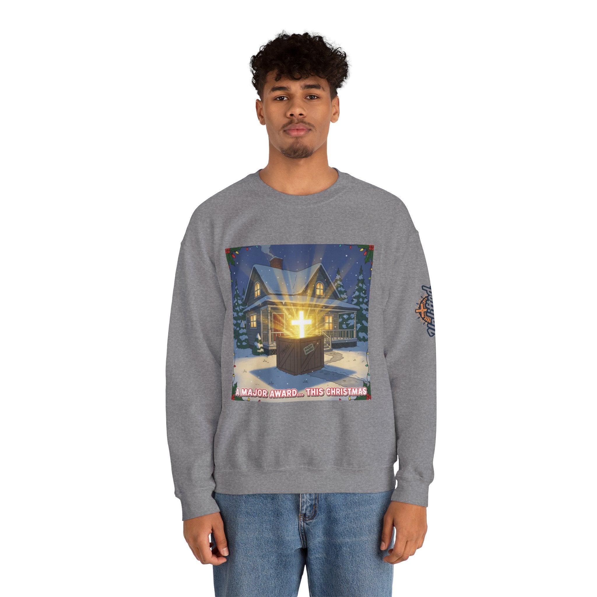 A Major Award This Christmas Sweatshirt – Fragile Leg Lamp Parody Cross Unboxing Christian Sweatshirt for Hilarious Faith & Holiday Glow Printify