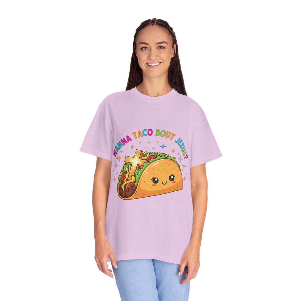 Wanna Taco 'Bout Jesus? Funny Christian Pun T-Shirt – Lettuce Pray & Share Faith! Printify