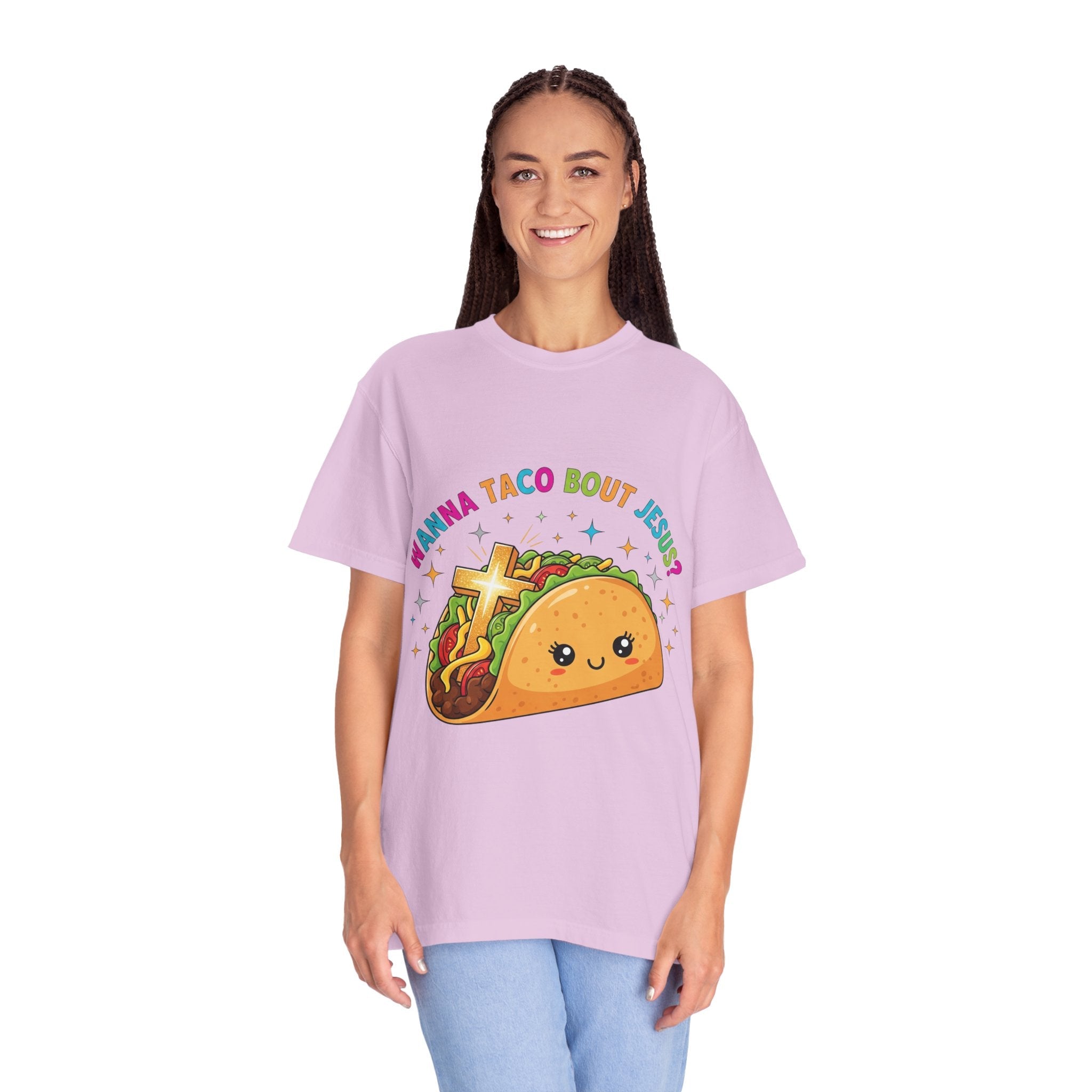 Wanna Taco 'Bout Jesus? Funny Christian Pun T-Shirt – Lettuce Pray & Share Faith! Printify