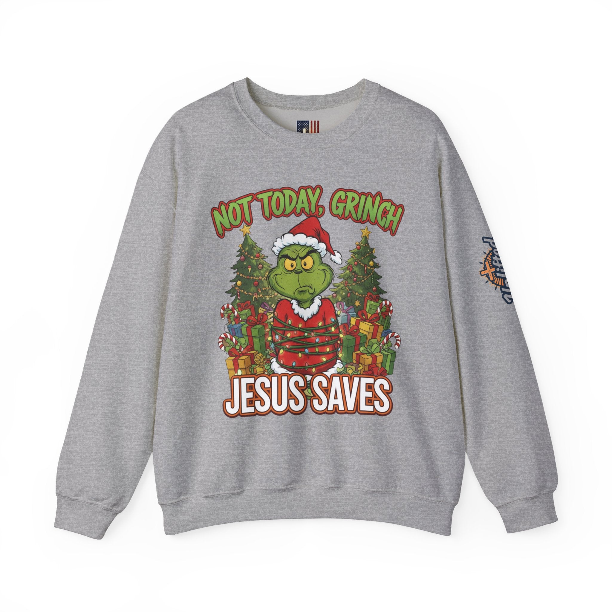 🎄 Not Today, Grinch – Jesus Saves | Funny Christian Christmas Sweatshirt | Sulking Grinch & Glowing Cross | Bold Neon Faith Tee by Uplifted Gear Printify