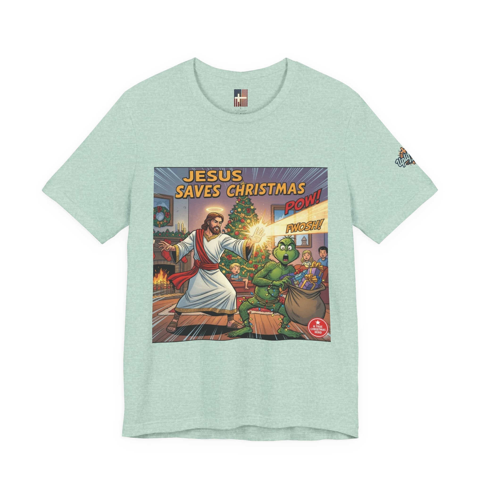 Jesus Saves Christmas T-shirt – Grinch vs Savior Light Battle Christian T-shirt for Hilarious Holiday Faith & True Joy Printify
