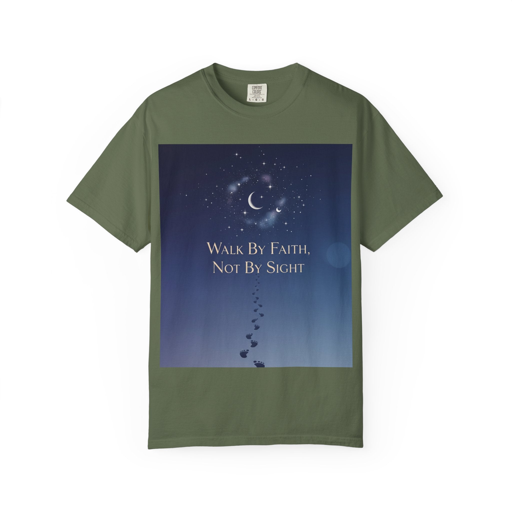 Walk by Faith, Not by Sight T-Shirt – Footprints in the Sand Christian Moonlit Tee Printify