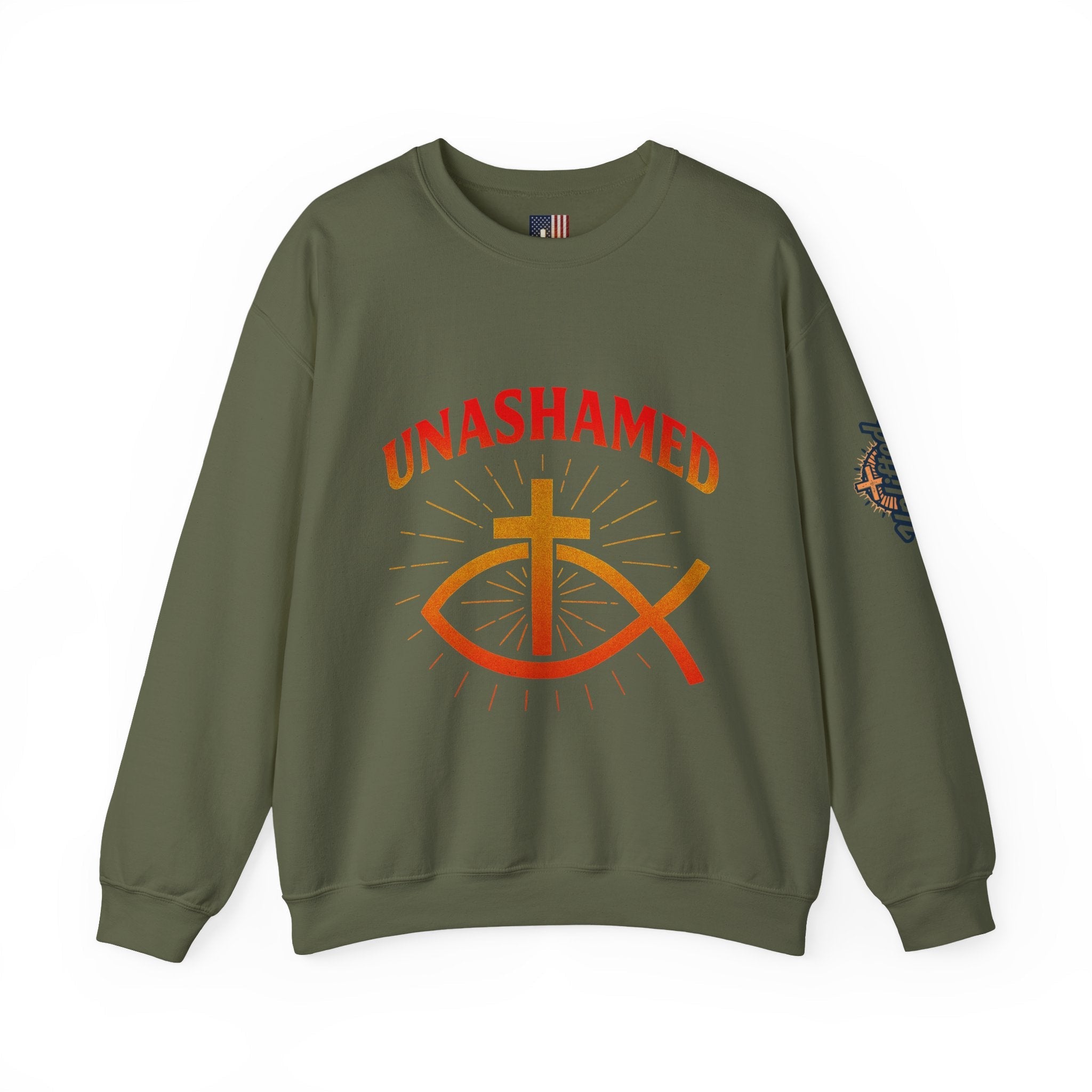 Unashamed Sweatshirt – Ichthys Jesus Fish & Cross Christian Sweatshirt for Romans 1:16 Bold Faith Printify