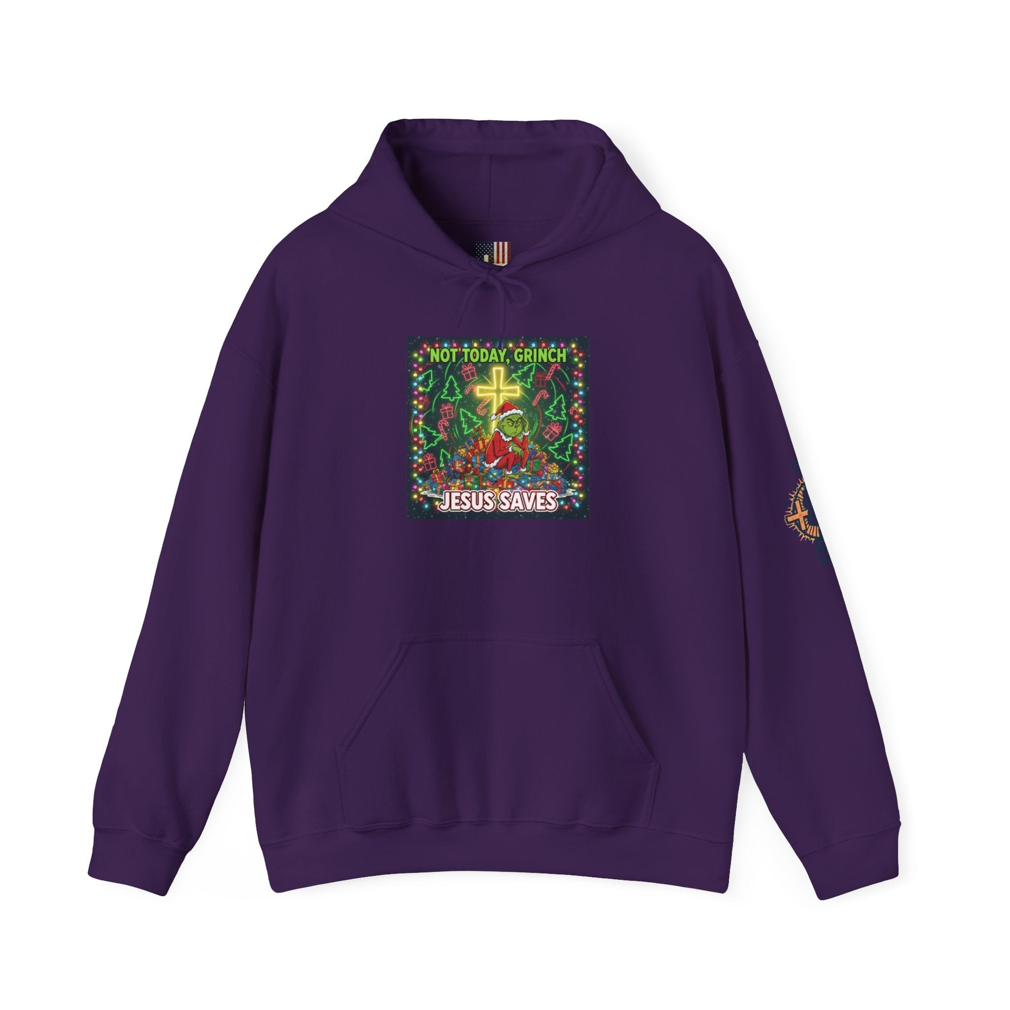 🎄 Not Today, Grinch – Jesus Saves | Funny Christian Christmas Hoodie | Festive Green & Red Cartoon Style | Bold Faith Holiday Tee by Uplifted Gear Printify