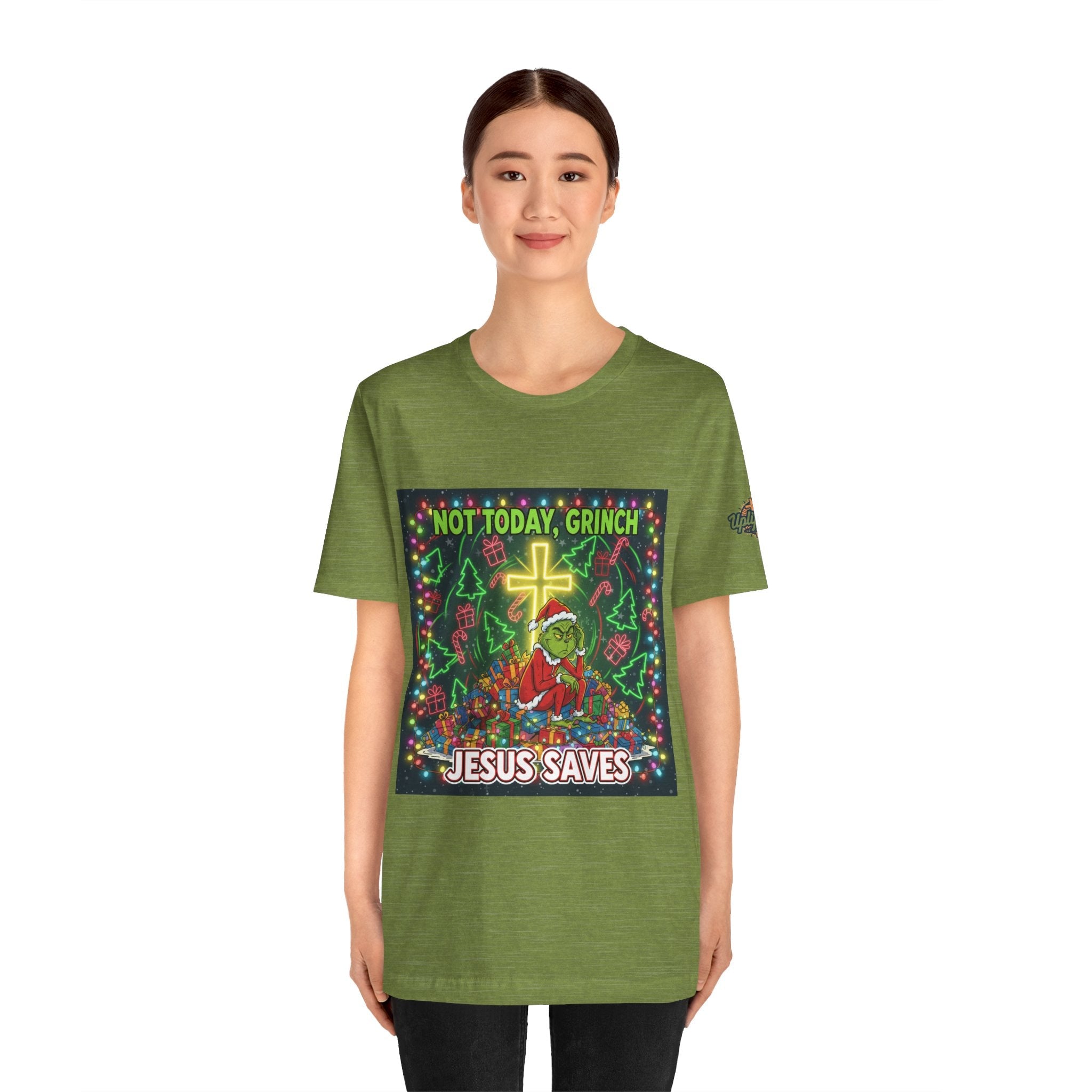 🎄 Not Today, Grinch – Jesus Saves | Funny Christian Christmas T-Shirt | Festive Green & Red Cartoon Style | Bold Faith Holiday Tee by Uplifted Gear Printify