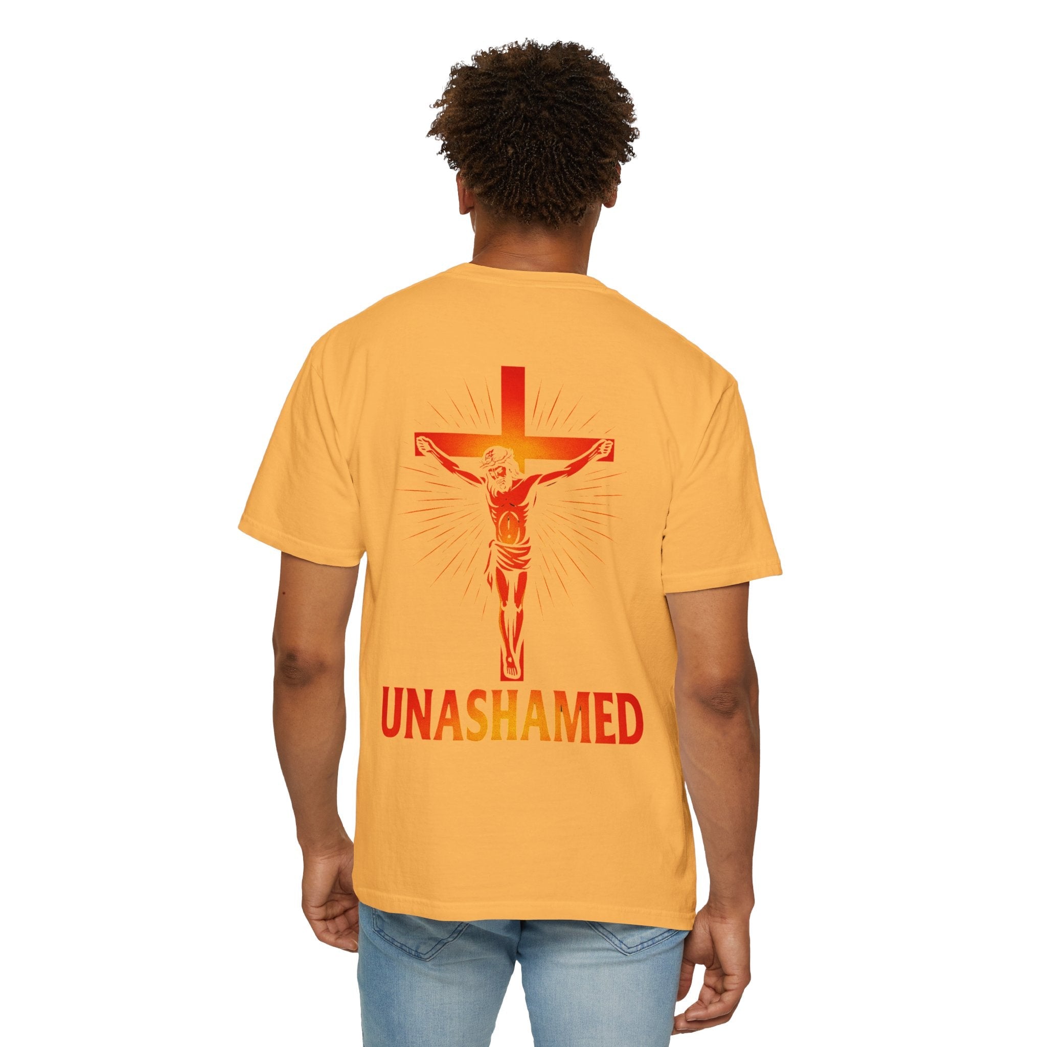 Unashamed T-shirt – Romans 1:16 Crucifixion Christian t-shirt for Bold Unwavering Faith Red Printify