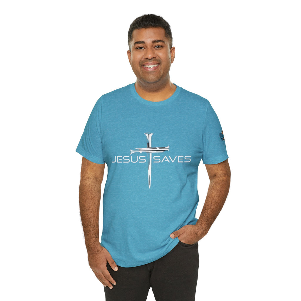 Jesus Saves T-shirt – 3 Nails Crucifix Cross Christian T-shirt for Redemption Faith & Bold Salvation Printify
