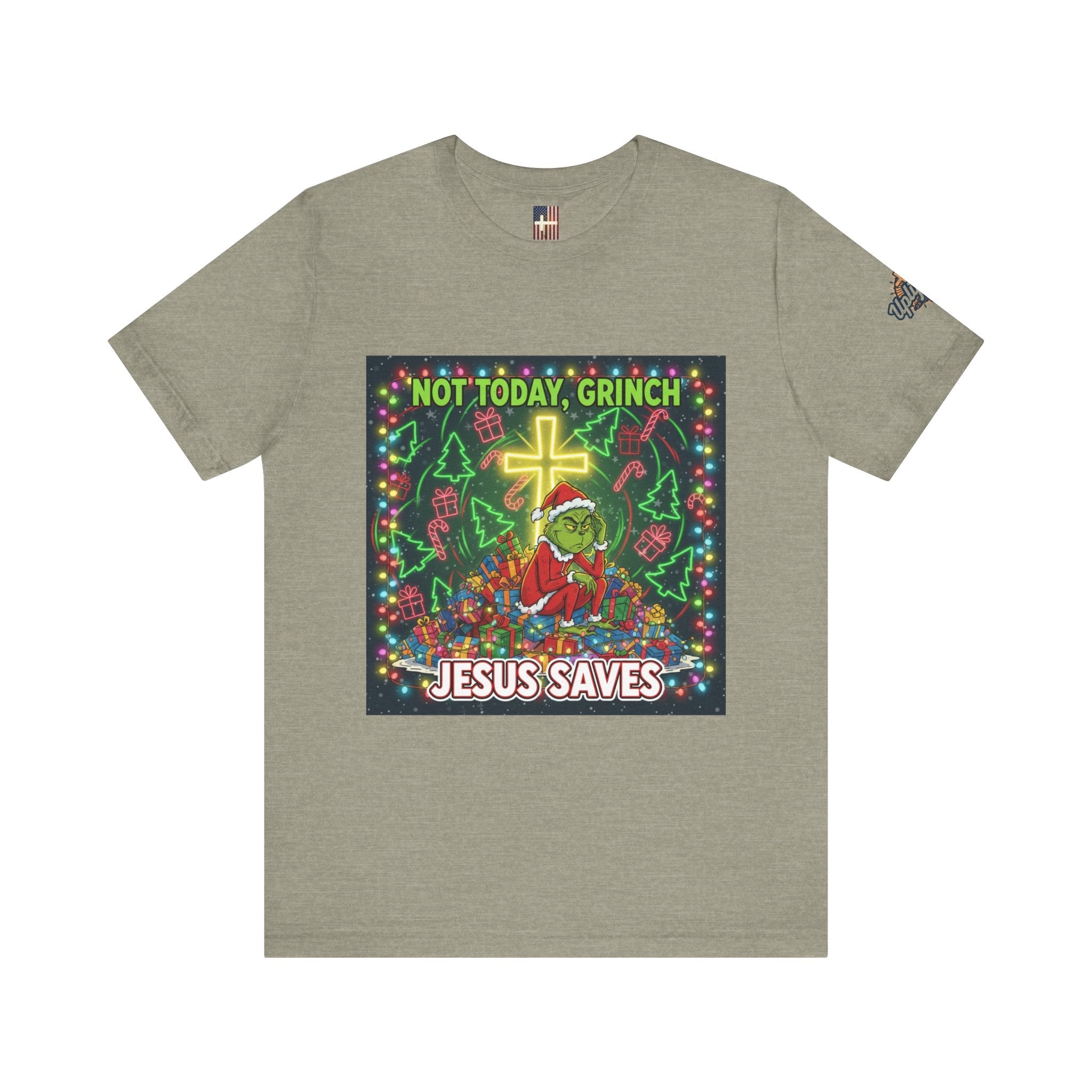 🎄 Not Today, Grinch – Jesus Saves | Funny Christian Christmas T-Shirt | Festive Green & Red Cartoon Style | Bold Faith Holiday Tee by Uplifted Gear Printify