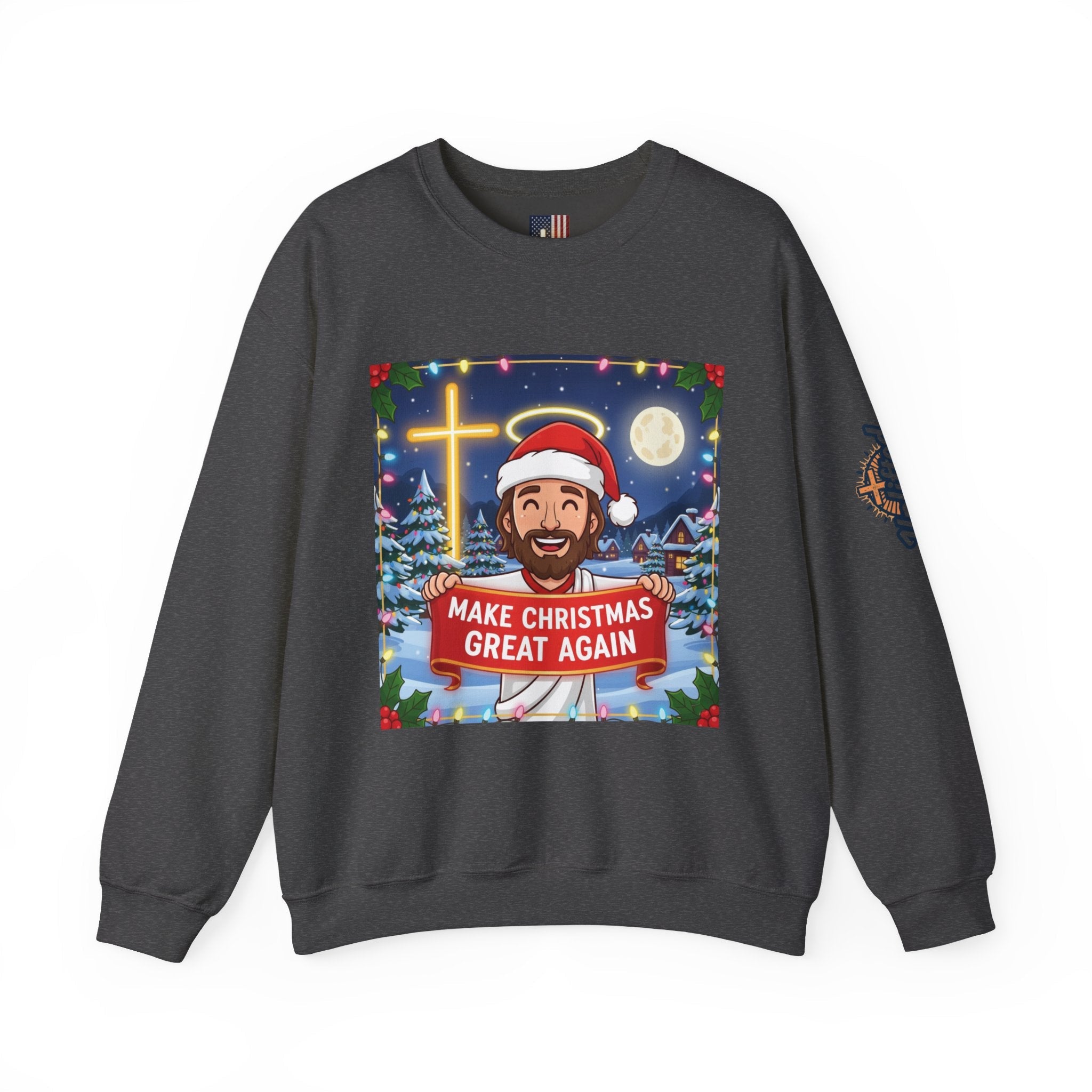 🎄 Make Christmas Great Again – Funny Christian Sweatshirt | Jesus Holding Banner | Faith-Based Holiday Parody Tee | Uplifted Gear Printify