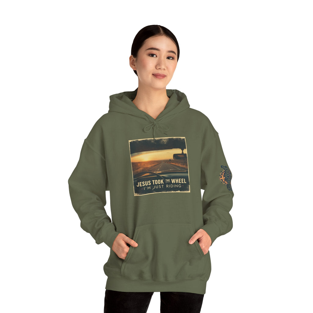 Jesus Took the Wheel I'm Just Riding Hoodie – Funny Christian Convertible Car Sweatshirt for Surrendered Faith & Humor Printify