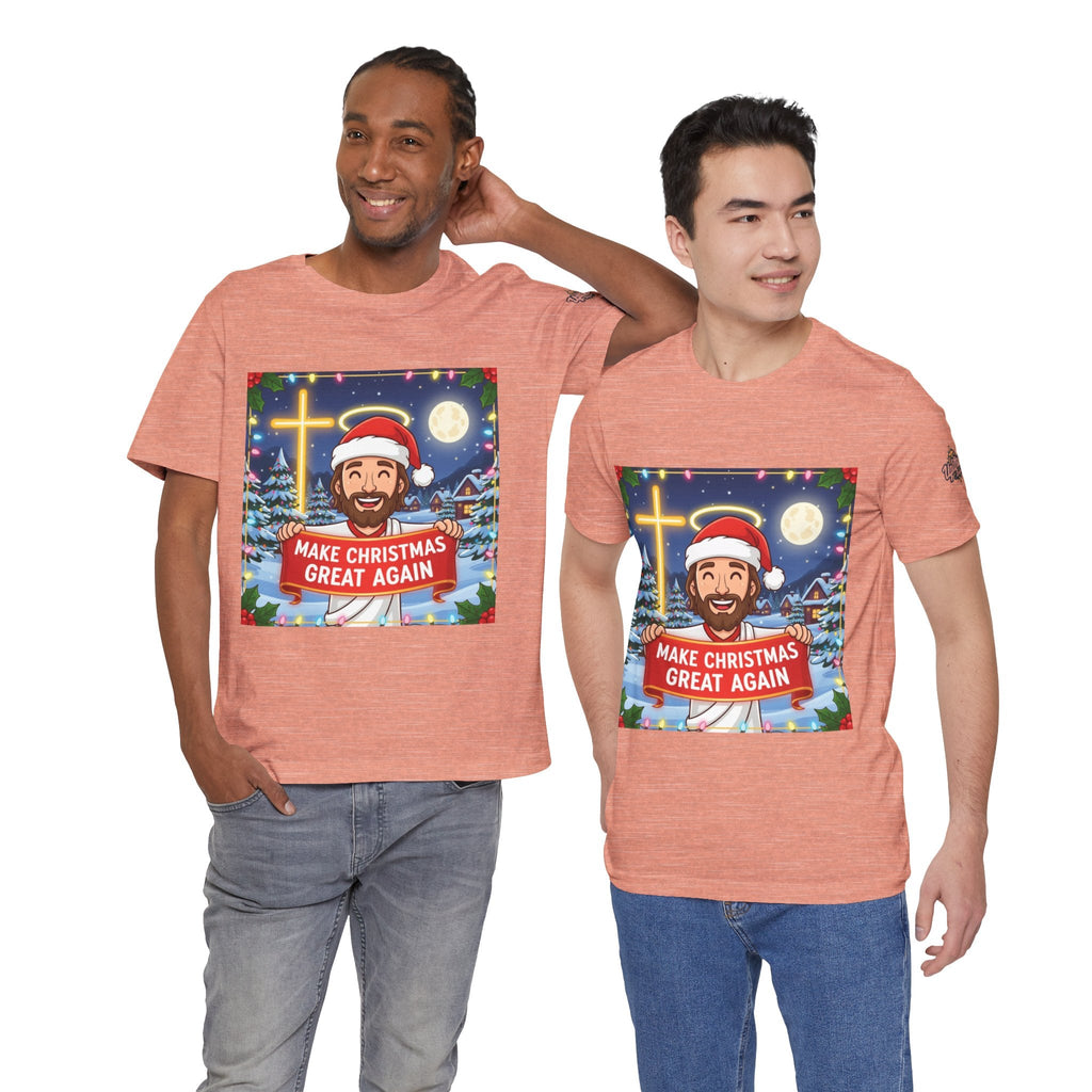 🎄 Make Christmas Great Again – Funny Christian T-Shirt | Jesus Holding Banner | Faith-Based Holiday Parody Tee | Uplifted Gear Printify