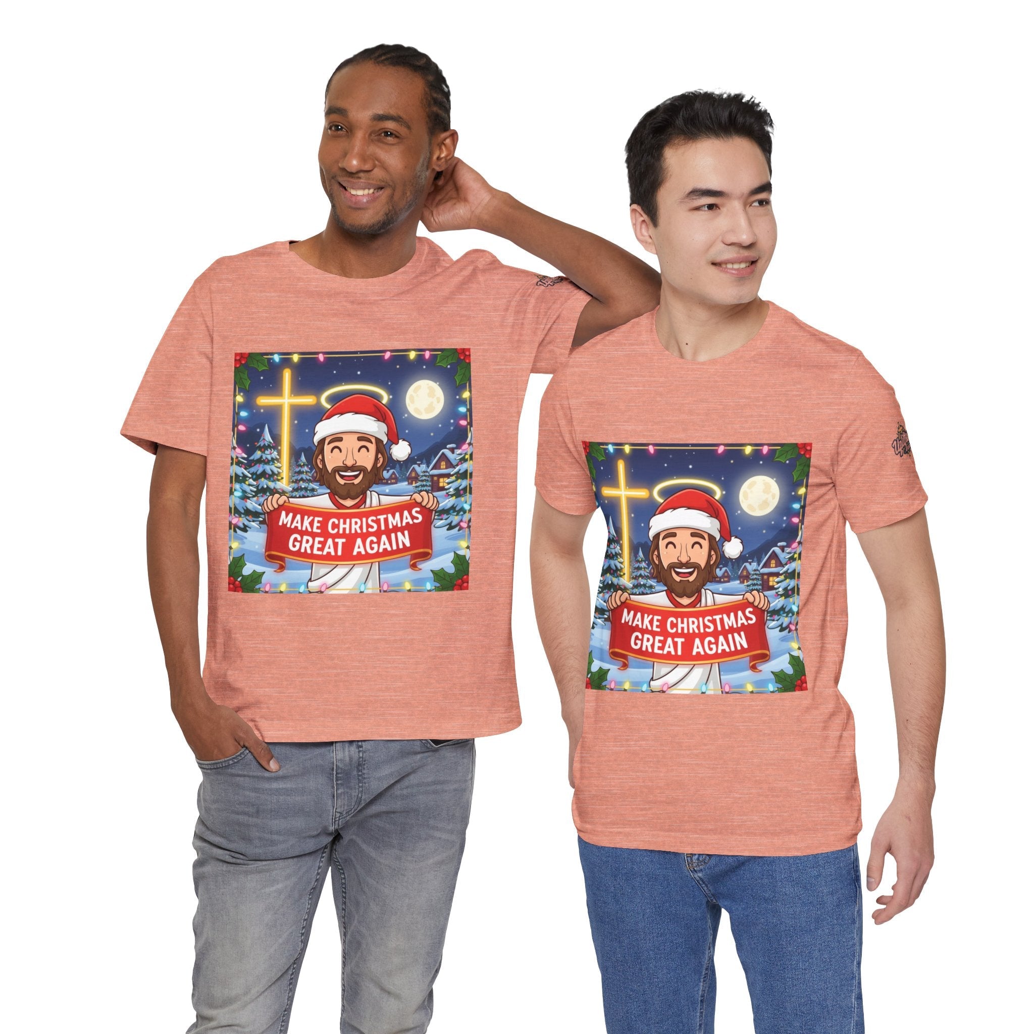 🎄 Make Christmas Great Again – Funny Christian T-Shirt | Jesus Holding Banner | Faith-Based Holiday Parody Tee | Uplifted Gear Printify