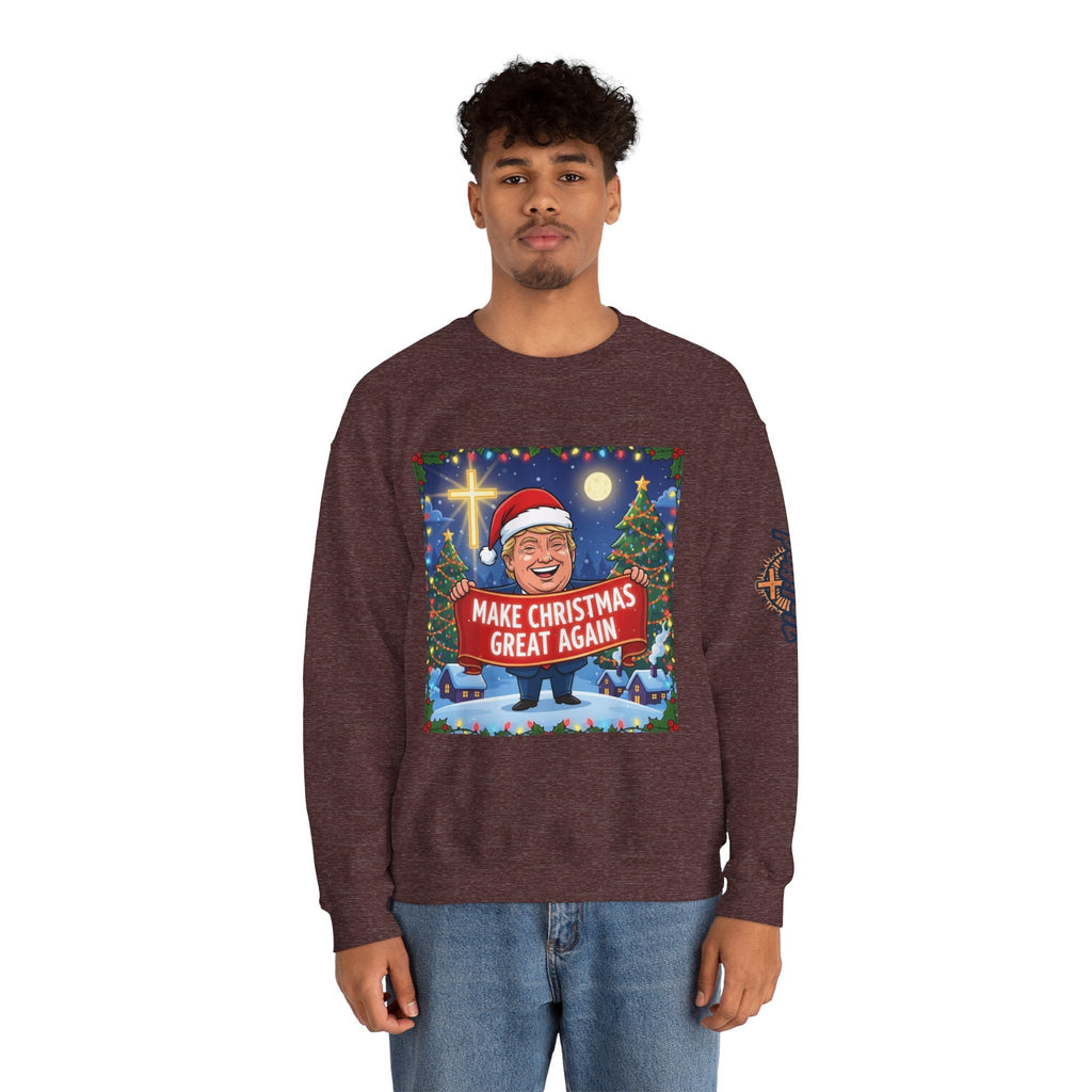 🎄 Make Christmas Great Again – Patriotic Christian Christmas Sweatshirt | Bold Holiday Faith Tee | Red & White Banner Design | Uplifted Gear Printify