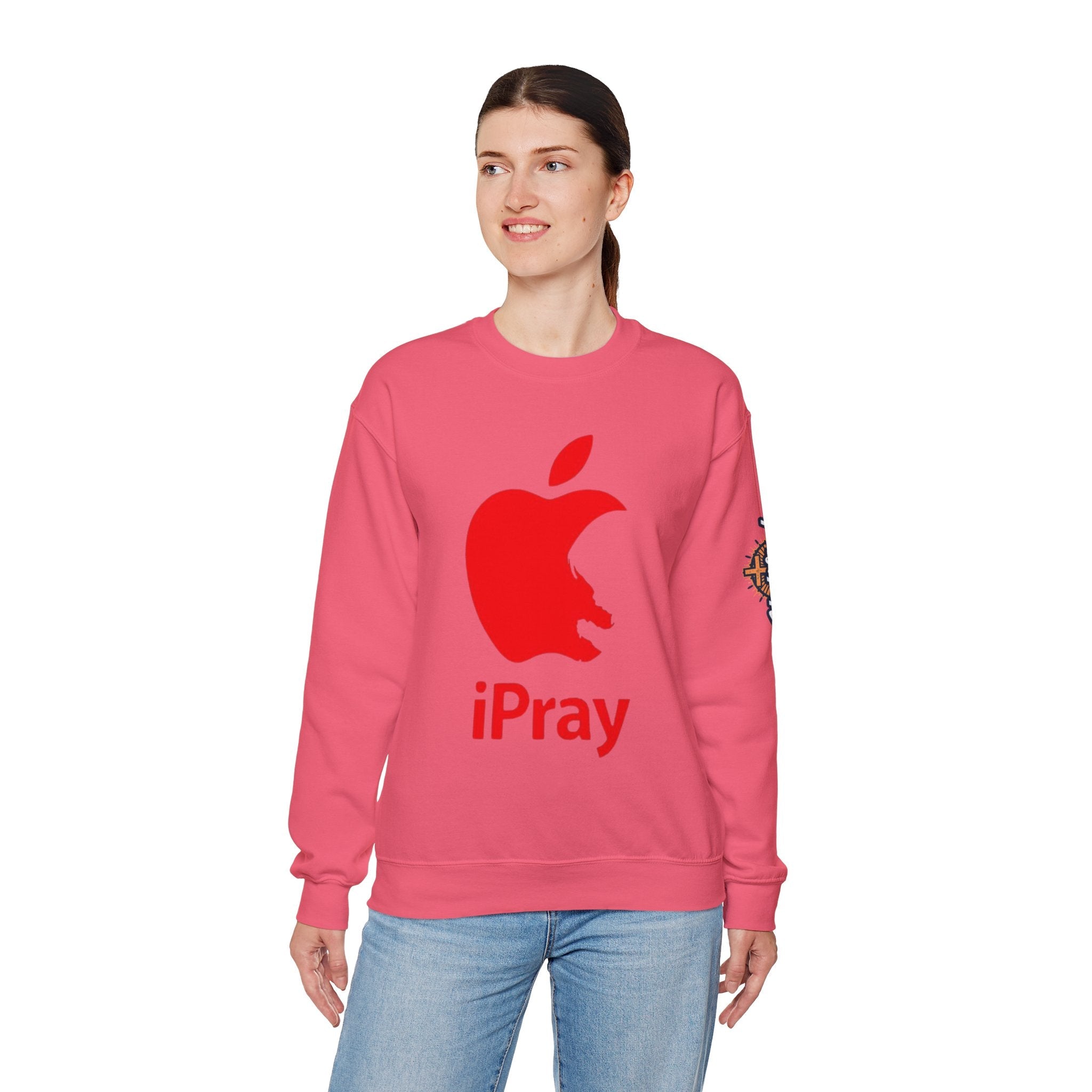 iPray Apple Logo Sweatshirt — Funny Christian Sweatshirt (Minimal Red Apple Graphic) Printify