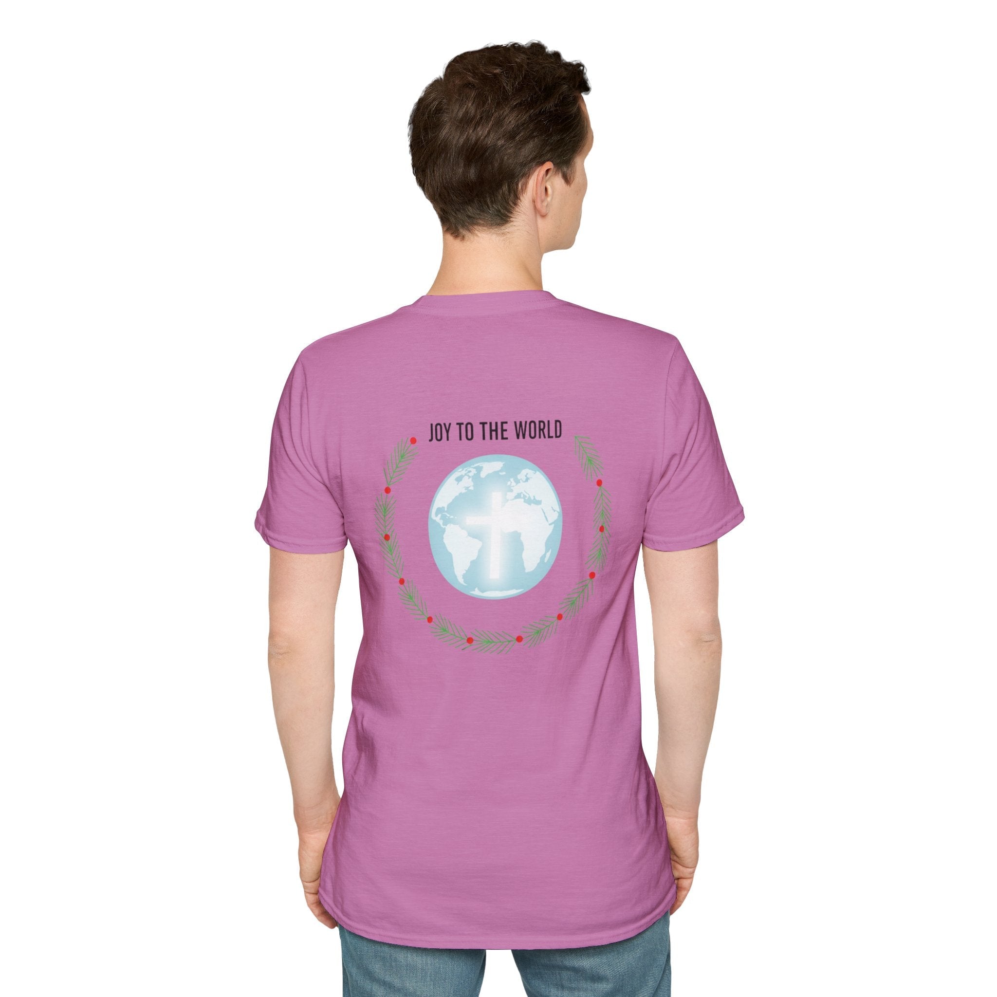 Joy to the World T-shirt – Wreath Earth Nativity Christian Christmas T-shirt for Isaiah 9:6 Holiday Faith & Festive Joy Printify