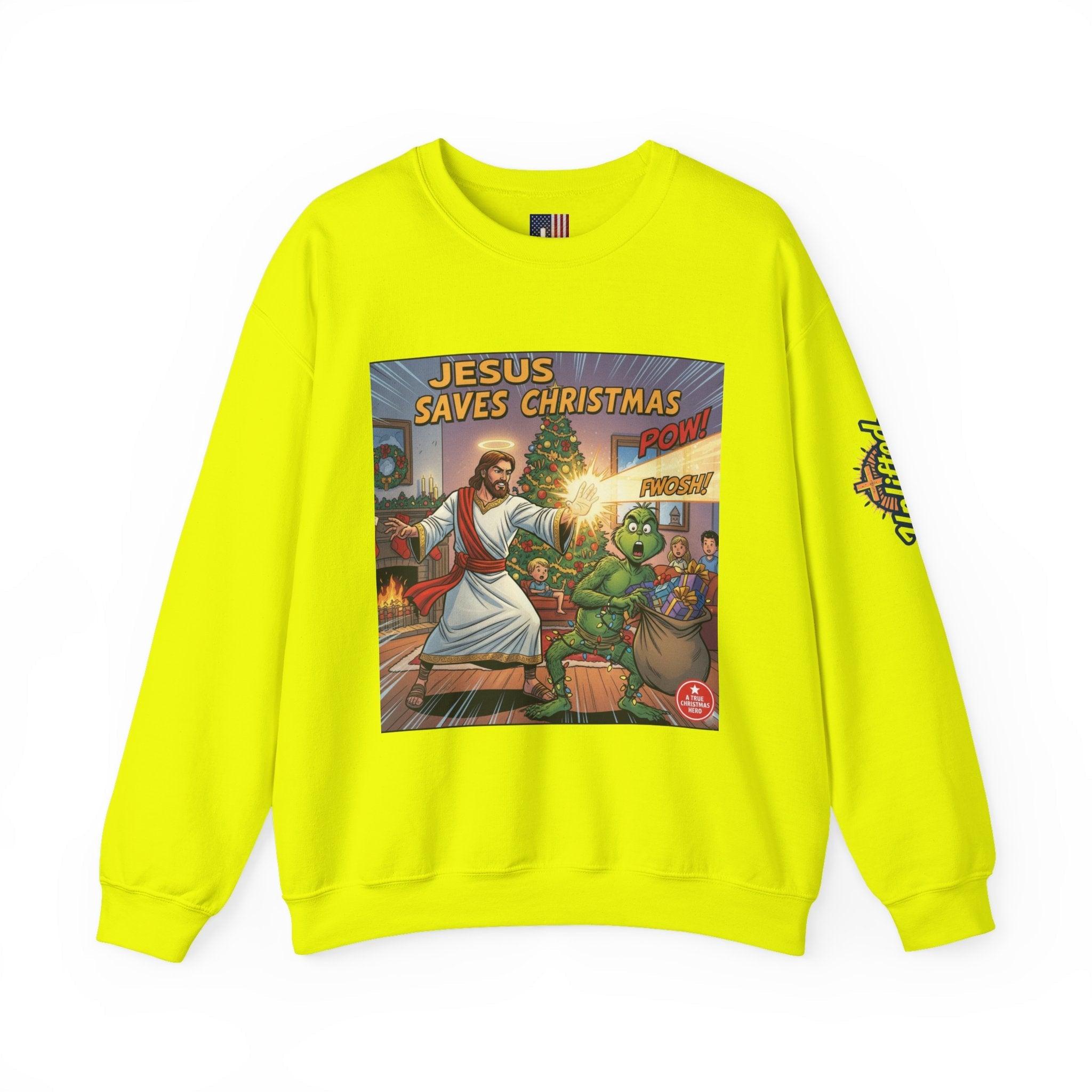 Jesus Saves Christmas Sweatshirt – Grinch vs Savior Light Battle Christian Sweatshirt for Hilarious Holiday Faith & True Joy Printify