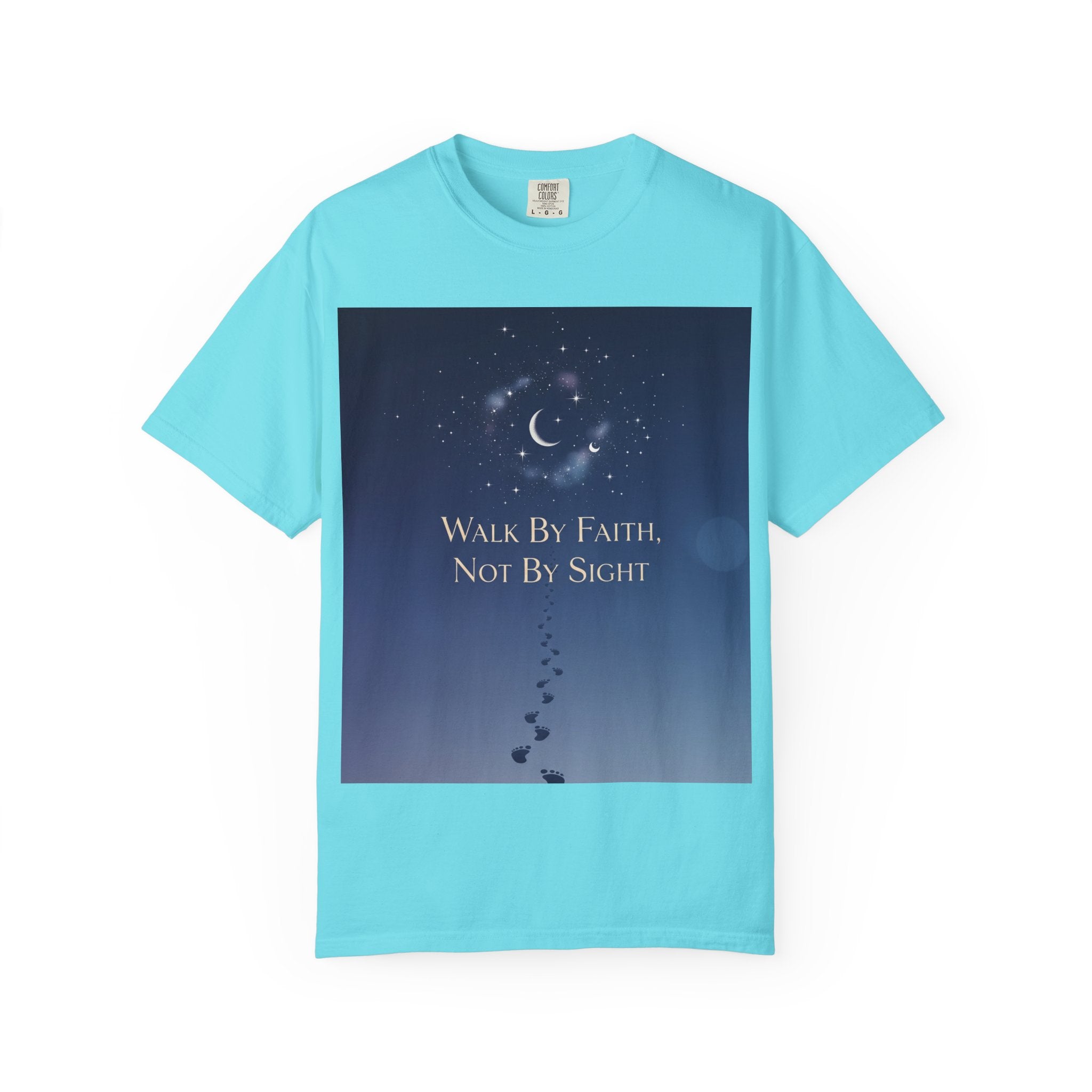 Walk by Faith, Not by Sight T-Shirt – Footprints in the Sand Christian Moonlit Tee Printify