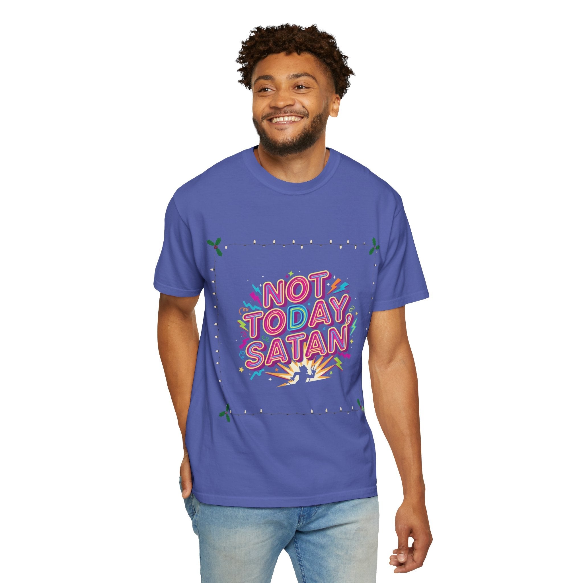 🔥 Not Today, Satan – Retro 90s Christian T-Shirt | Neon Faith Tee | Funky Cartoon Devil | Bold Bible Verse Shirt | Uplifted Gear Printify