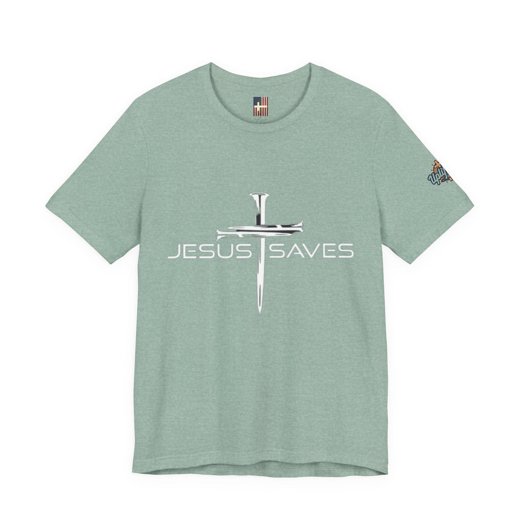 Jesus Saves T-shirt – 3 Nails Crucifix Cross Christian T-shirt for Redemption Faith & Bold Salvation Printify