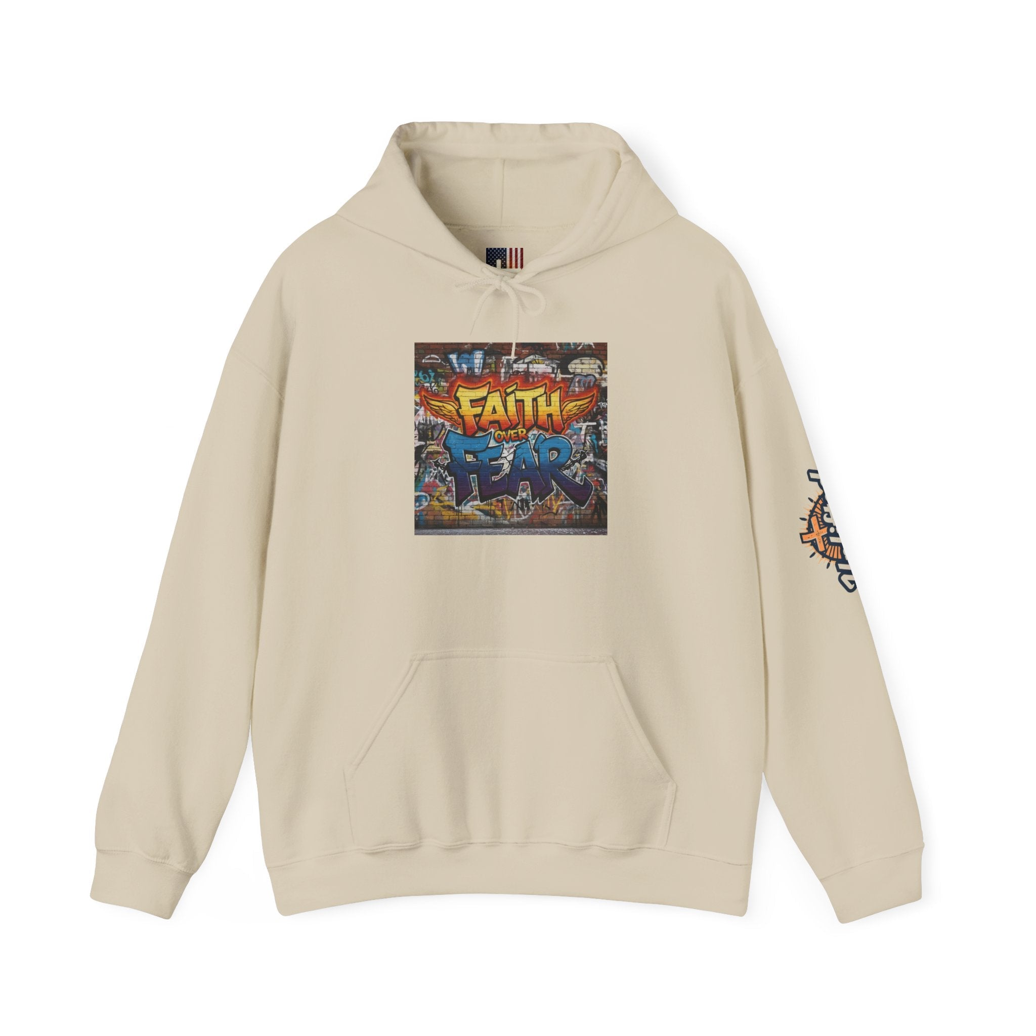 Faith Over Fear Hoodie – Graffiti Wall Christian Sweatshirt for Bold 2 Corinthians 5:7 Streetwear & Unshakable Faith Printify