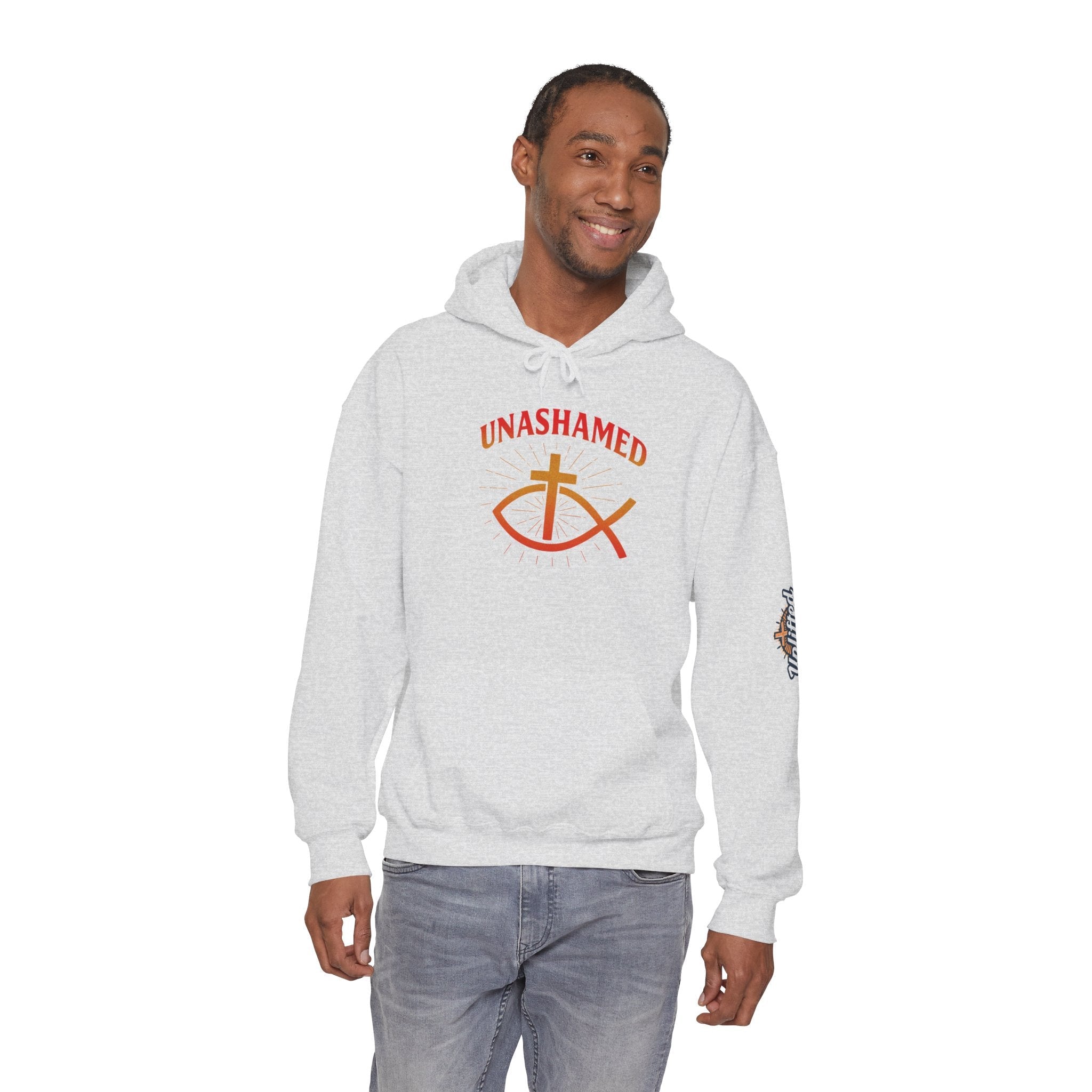 Unashamed Hoodie – Ichthys Jesus Fish & Cross Christian Sweatshirt for Romans 1:16 Bold Faith Printify