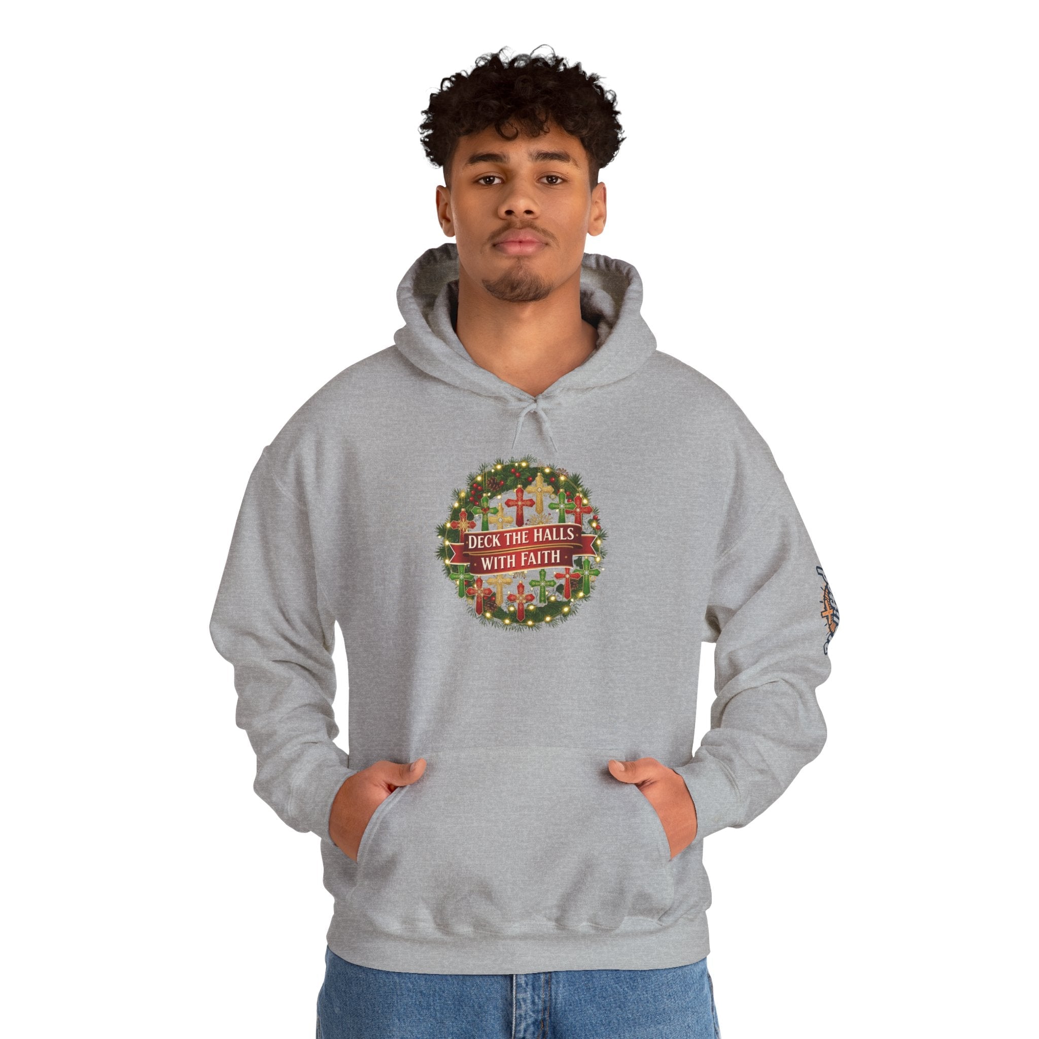 🎄 Deck the Halls with Faith – Christian Christmas Hoodie | Cross Ornament Design & Festive Garland | Bold Holiday Faith Tee by Uplifted Gear Printify