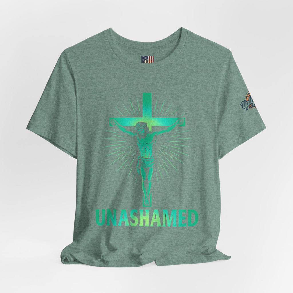 Unashamed T-shirt – Romans 1:16 Crucifixion Christian t-shirt for Bold Unwavering Faith Printify