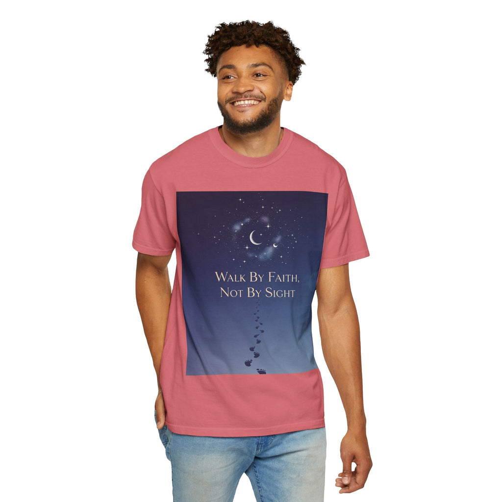Walk by Faith, Not by Sight T-Shirt – Footprints in the Sand Christian Moonlit Tee Printify