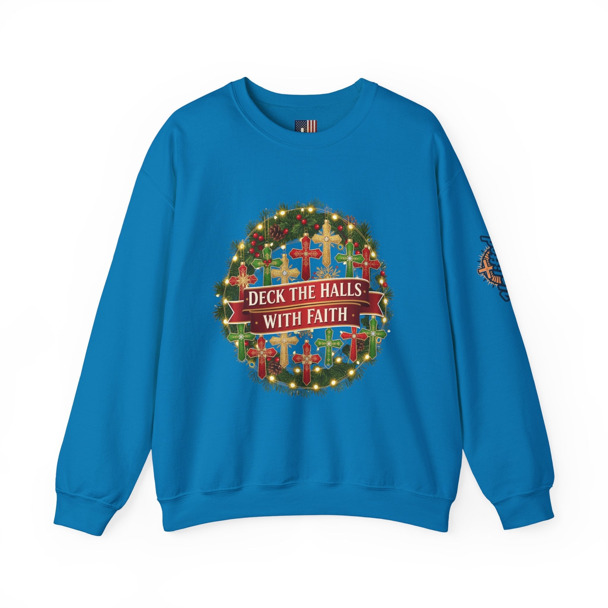 🎄 Deck the Halls with Faith – Christian Christmas Sweatshirt | Cross Ornament Design & Festive Garland | Bold Holiday Faith Tee by Uplifted Gear Printify