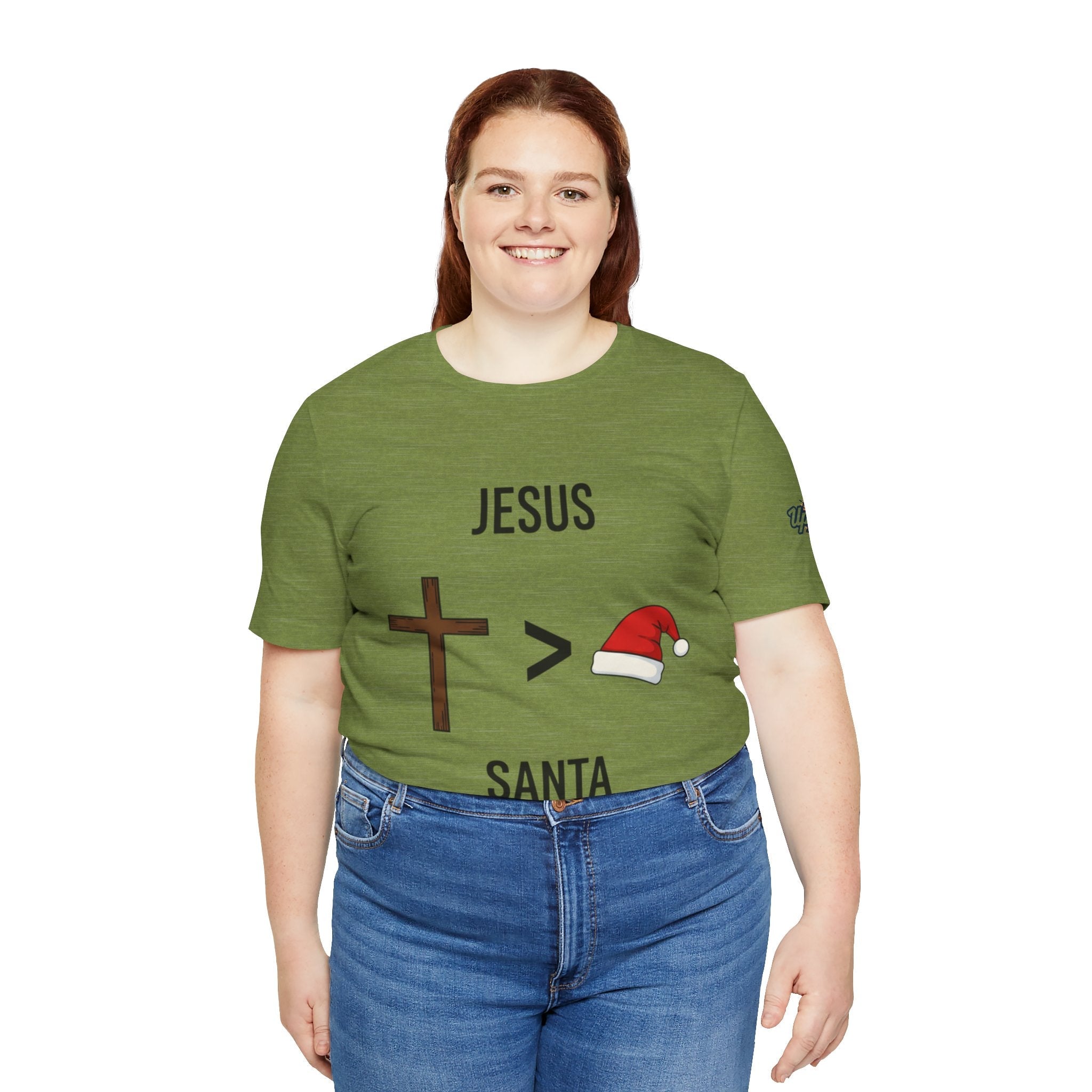 🎄 Jesus > Santa – Minimalist Christian Christmas T-Shirt | Bold Faith Over Holiday Tee | Cross vs Santa Hat Design | Uplifted Gear Printify