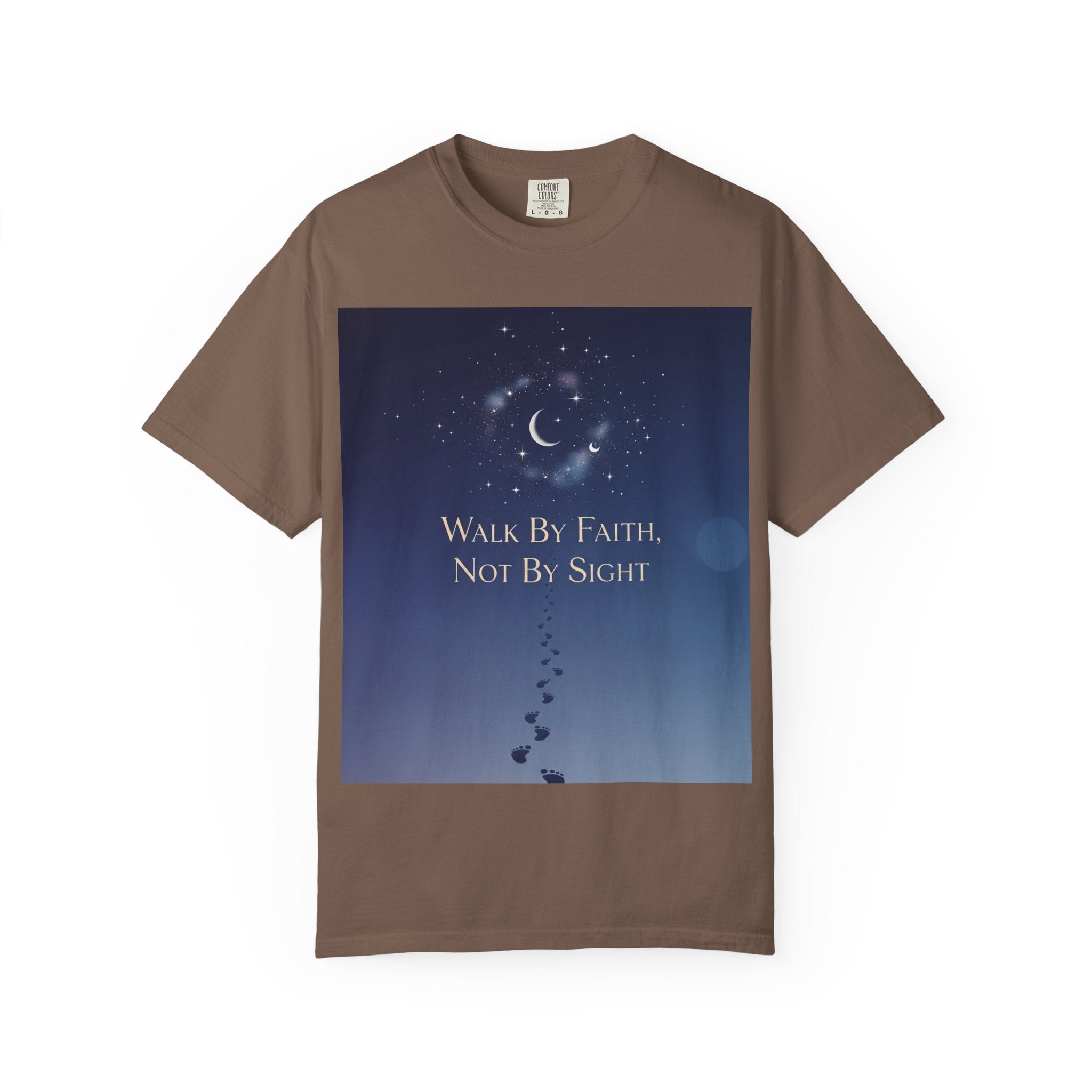 Walk by Faith, Not by Sight T-Shirt – Footprints in the Sand Christian Moonlit Tee Printify