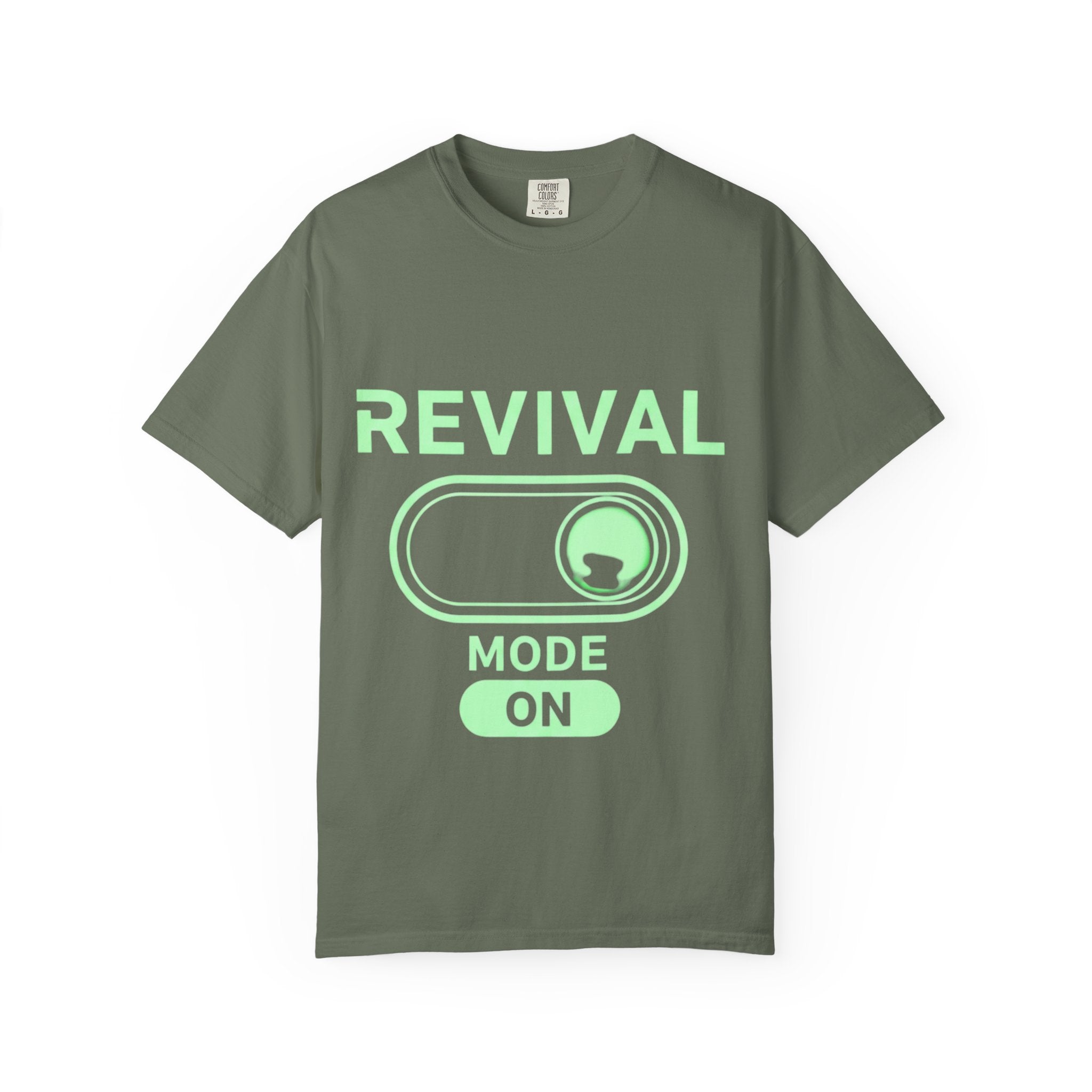 🔥 Revival Mode: ON – Christian Techwear T-Shirt | Glowing Green Faith Switch | Futuristic Jesus Shirt | Activate Your Spiritual Awakening | Uplifted Gear Printify
