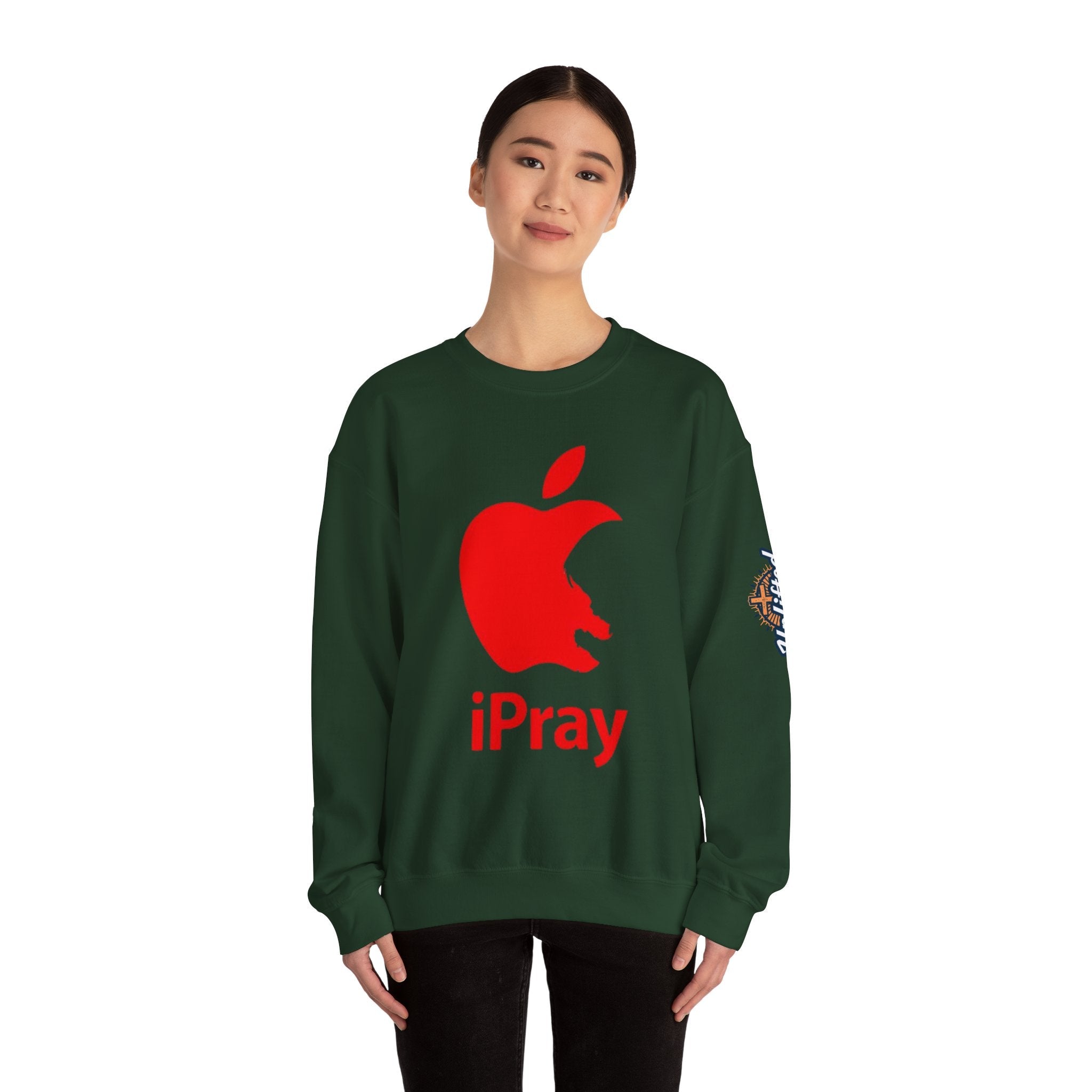 iPray Apple Logo Sweatshirt — Funny Christian Sweatshirt (Minimal Red Apple Graphic) Printify