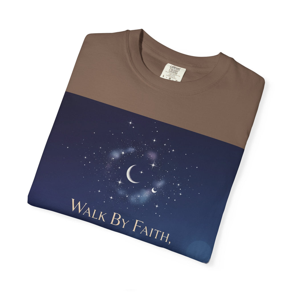 Walk by Faith, Not by Sight T-Shirt – Footprints in the Sand Christian Moonlit Tee Printify