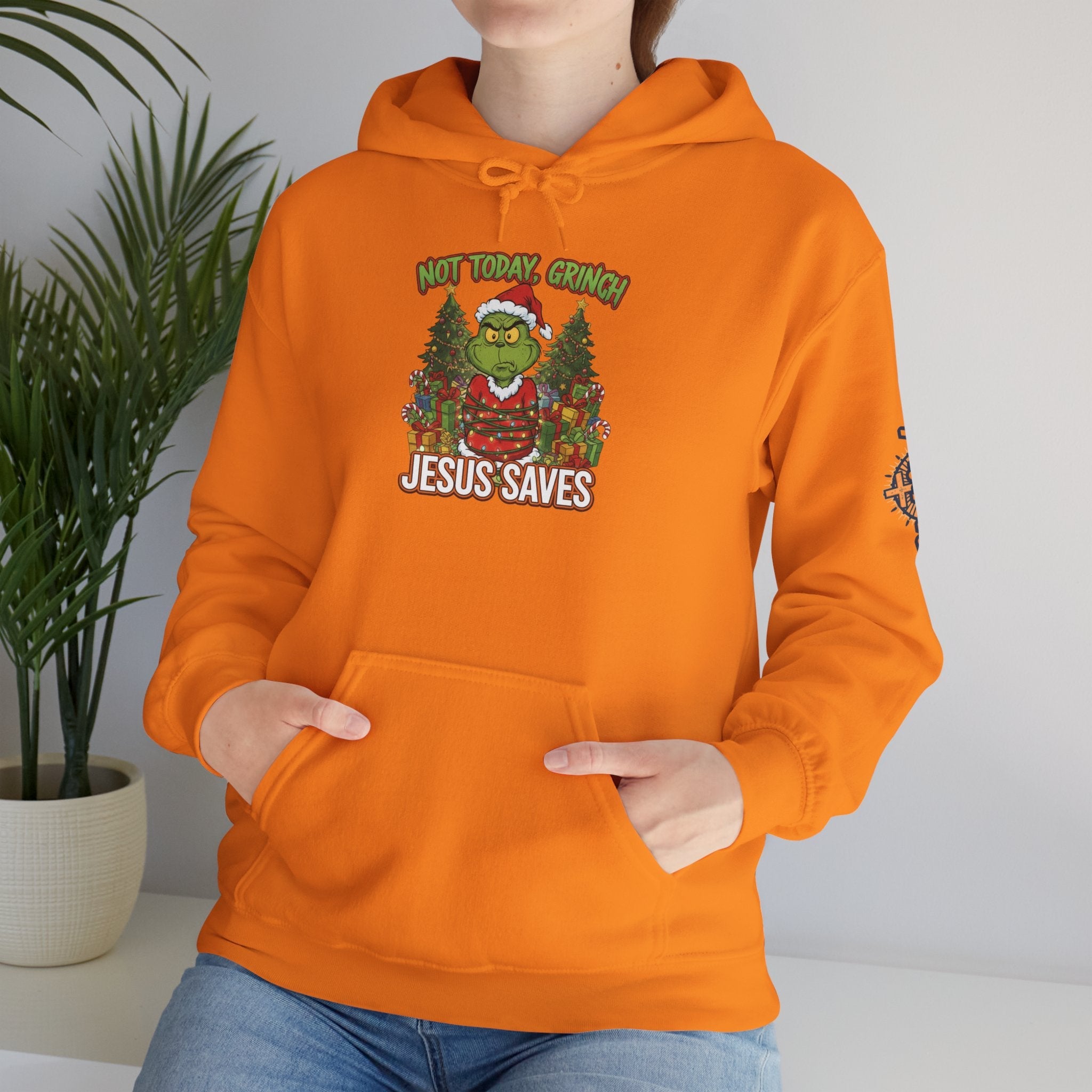 🎄 Not Today, Grinch – Jesus Saves | Funny Christian Christmas Hoodie | Sulking Grinch & Glowing Cross | Bold Neon Faith Tee by Uplifted Gear Printify