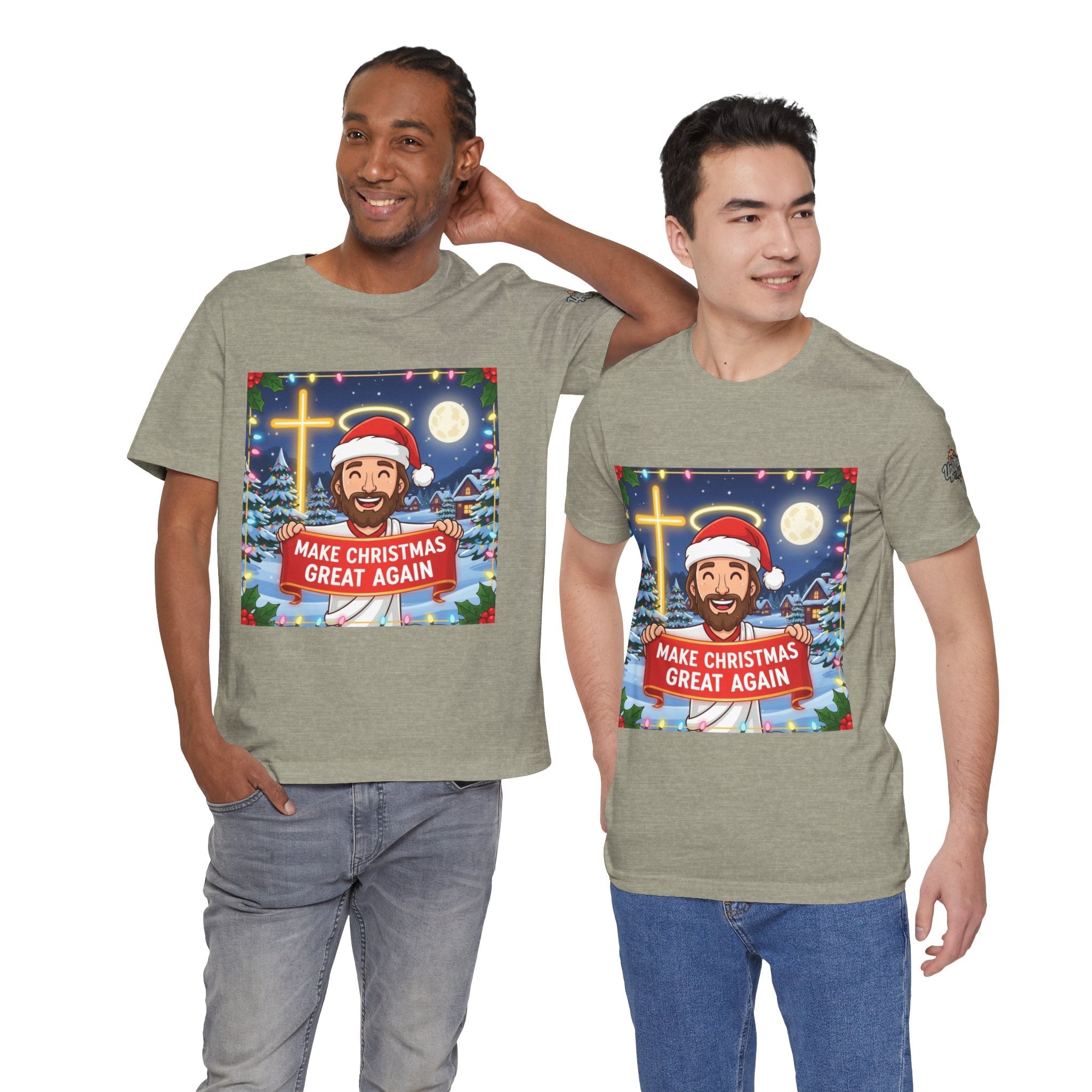 🎄 Make Christmas Great Again – Funny Christian T-Shirt | Jesus Holding Banner | Faith-Based Holiday Parody Tee | Uplifted Gear Printify