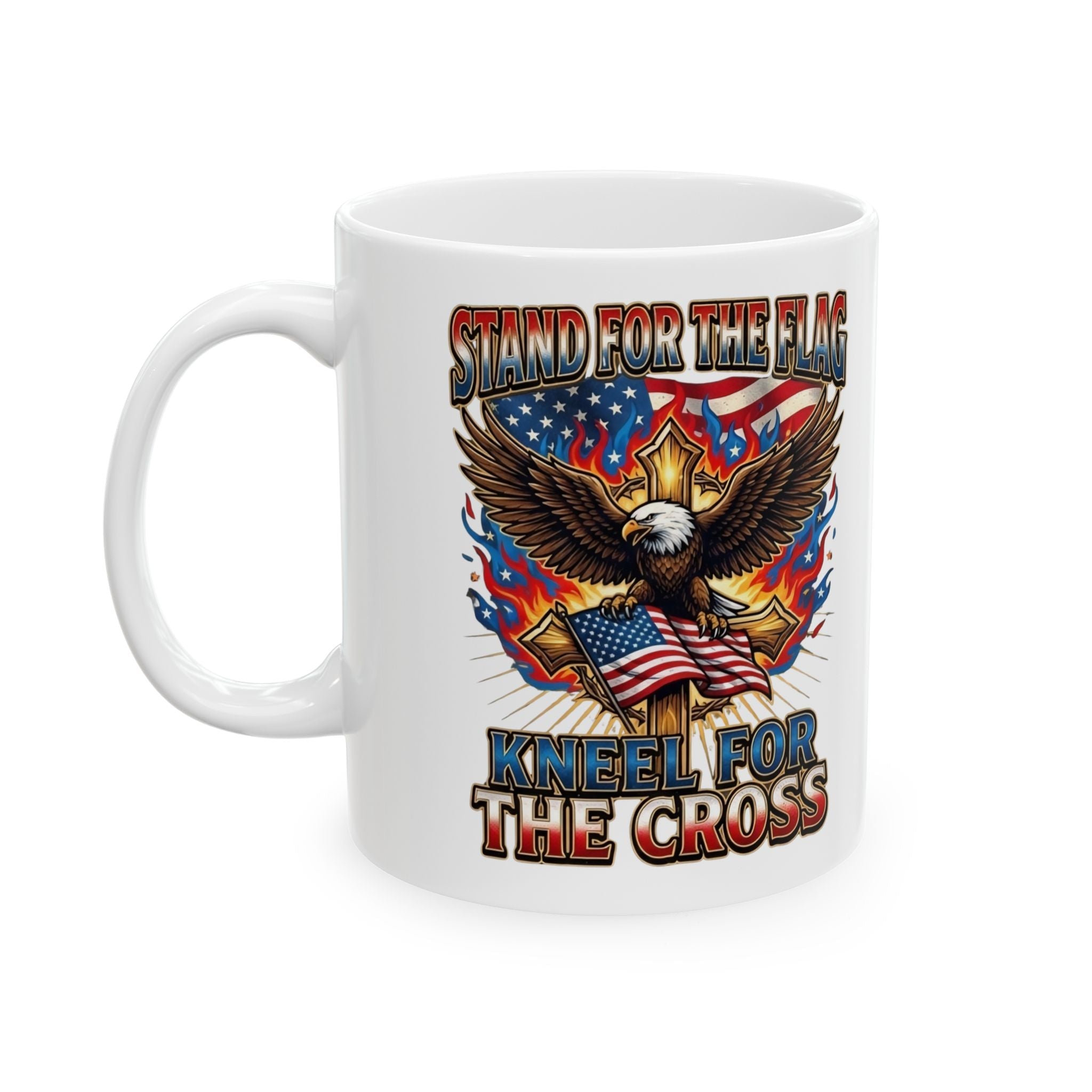 Patriotic Eagle Coffee Mug — "Stand for the Flag, Kneel for the Cross" (11/15oz) Printify