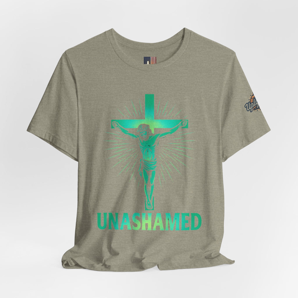 Unashamed T-shirt – Romans 1:16 Crucifixion Christian t-shirt for Bold Unwavering Faith Printify