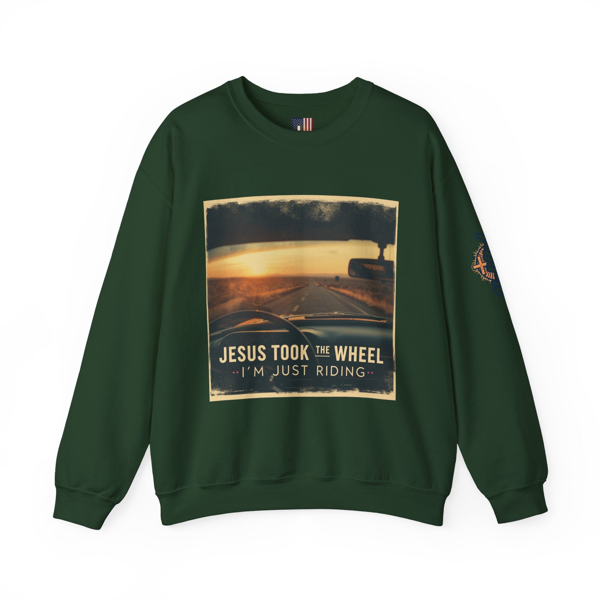 Jesus Took the Wheel I'm Just Riding Sweatshirt – Funny Christian Convertible Car Sweatshirt for Surrendered Faith & Humor Printify