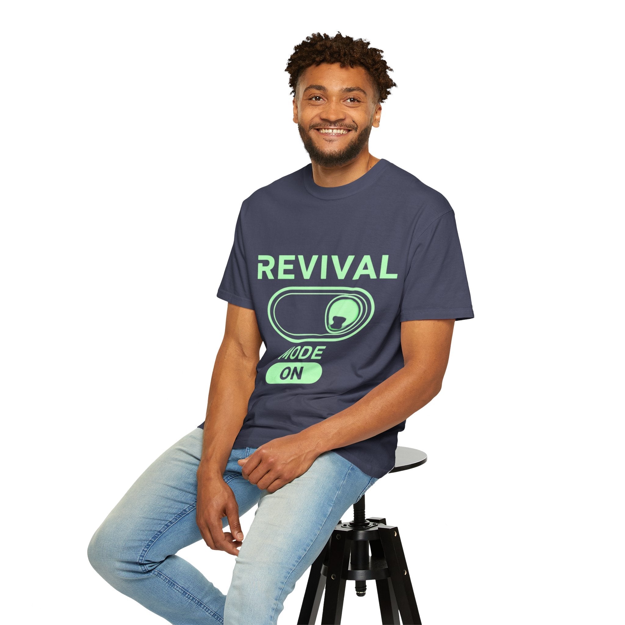 🔥 Revival Mode: ON – Christian Techwear T-Shirt | Glowing Green Faith Switch | Futuristic Jesus Shirt | Activate Your Spiritual Awakening | Uplifted Gear Printify